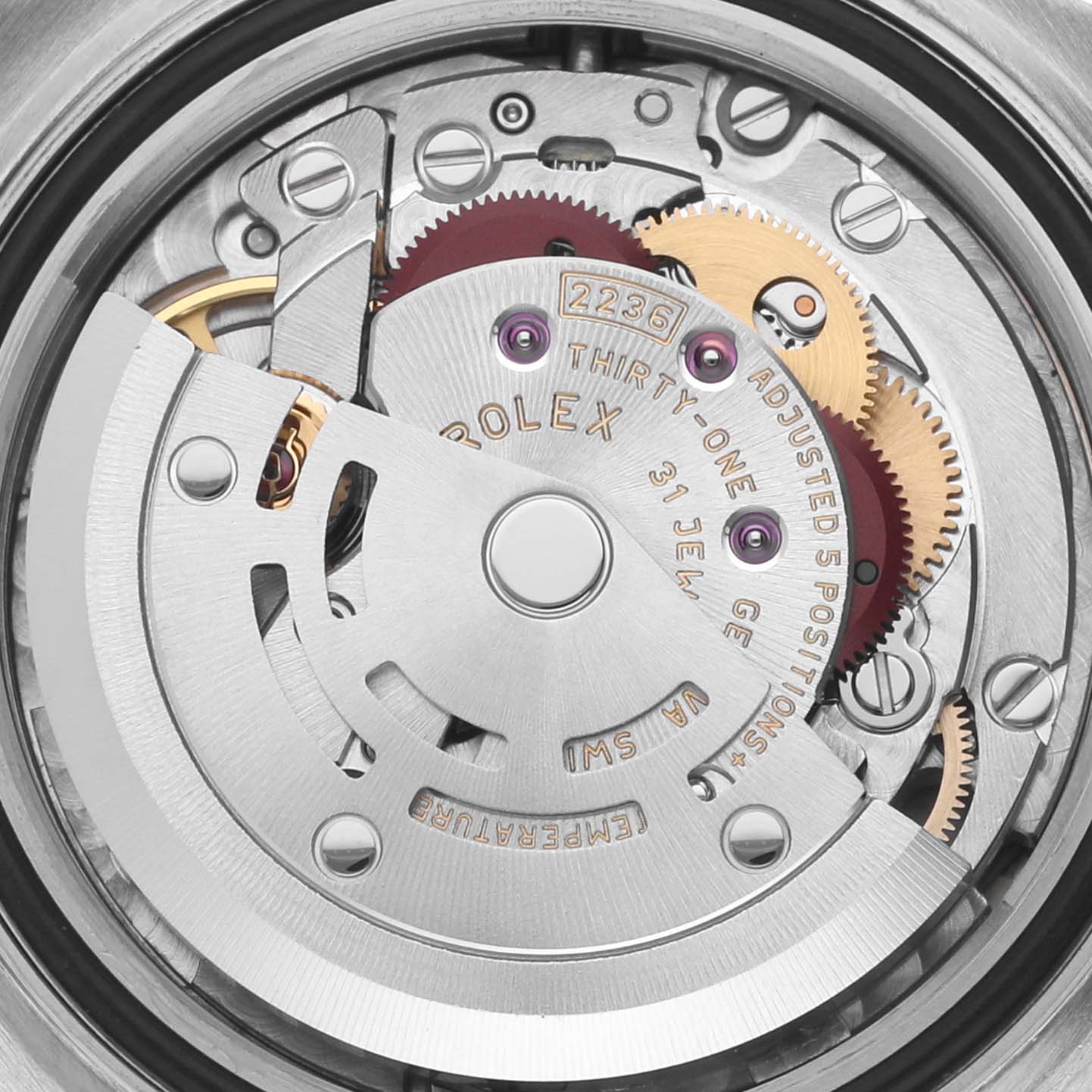 The image shows the movement and inner mechanics of a Rolex Datejust 279173 Women's Steel and Gold (two tone) Champagne Dial 279173 Women's Steel and Gold (two tone) Champagne Dial watch from a top-down angle.