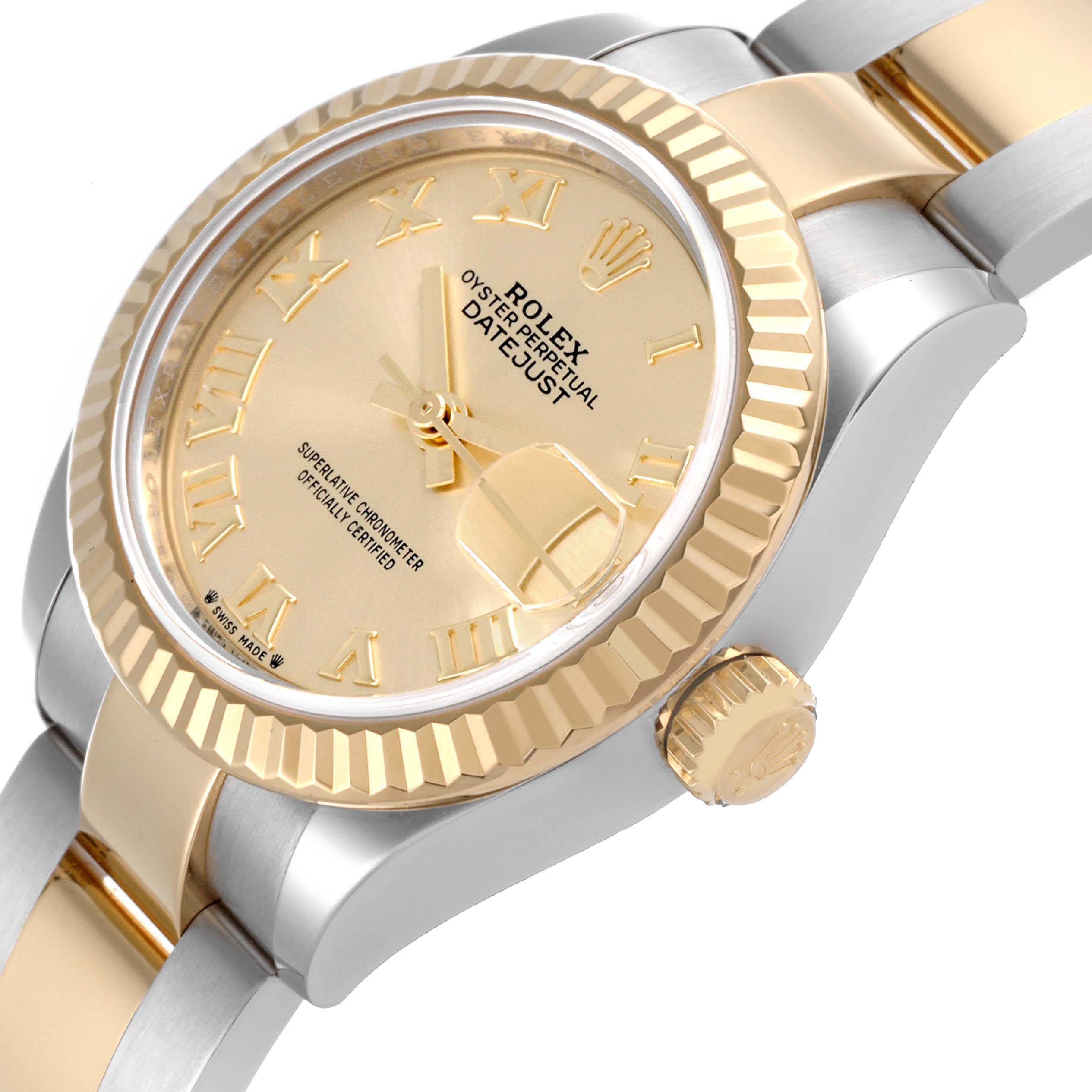 The Rolex Datejust 279173 Women's Steel and Gold (two tone) Champagne Dial 279173 Women's Steel and Gold (two tone) Champagne Dial watch is shown at an angle highlighting its dial, bezel, crown, and part of the bracelet.