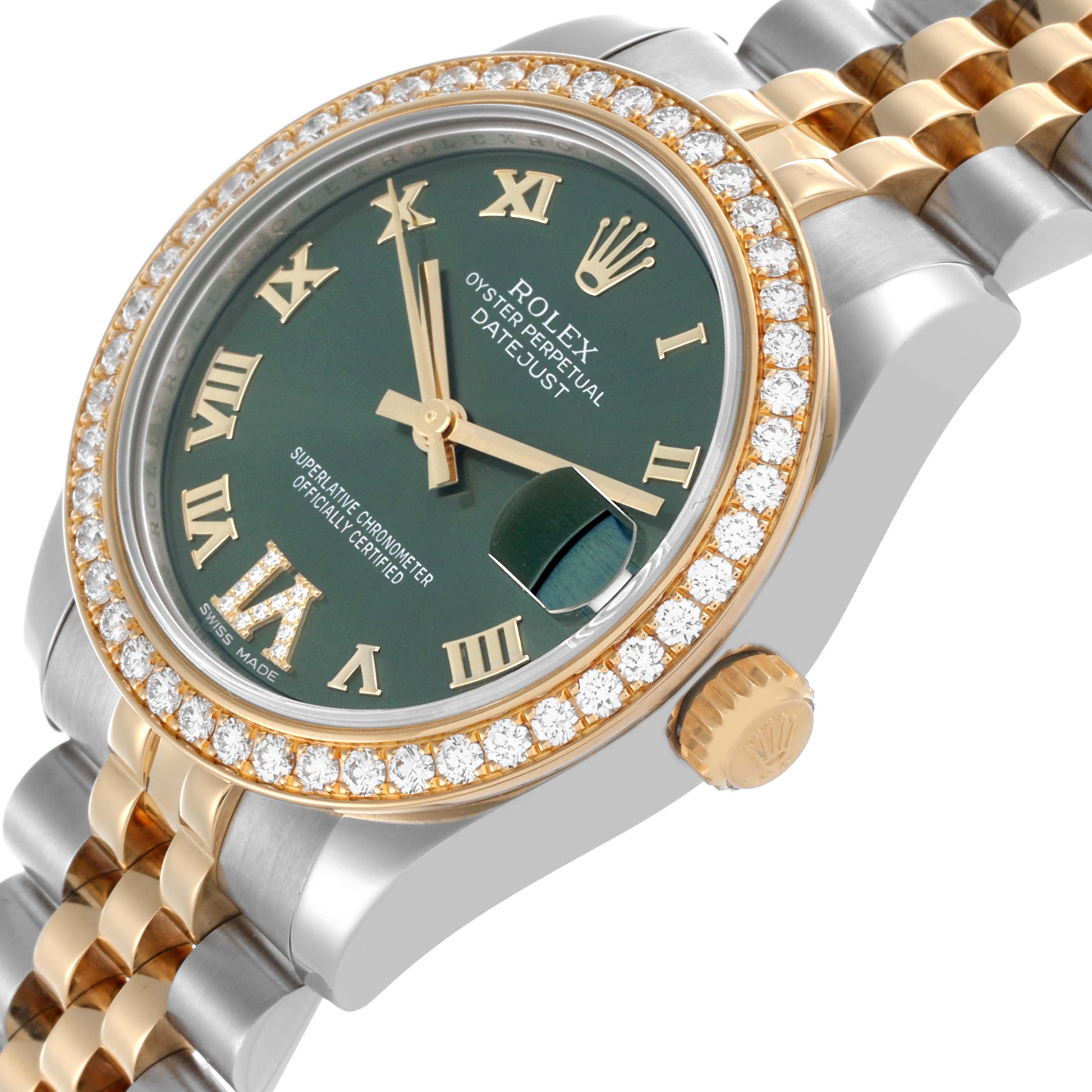 The Rolex Datejust Mid-Size watch is shown from a side angle, highlighting the green dial, diamond bezel, and two-tone bracelet.