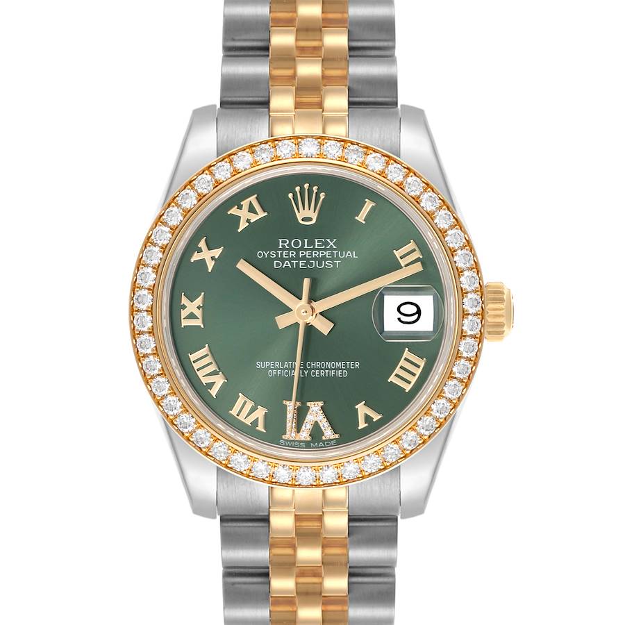 The Rolex Datejust Mid-Size model is shown from the front, featuring the face, bezel, and bracelet.