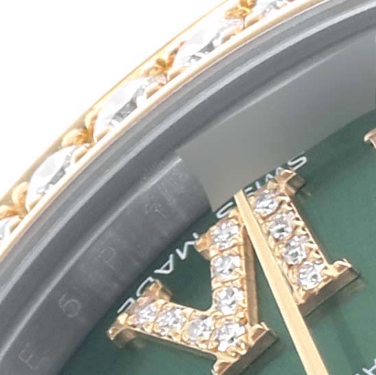 The image shows a close-up of the Rolex Mid-Size 178383 Women's Steel and Gold (two tone) Green Dial 178383 Women's Steel and Gold (two tone) Green Dial watch, focusing on the jeweled numeral and bezel detail.