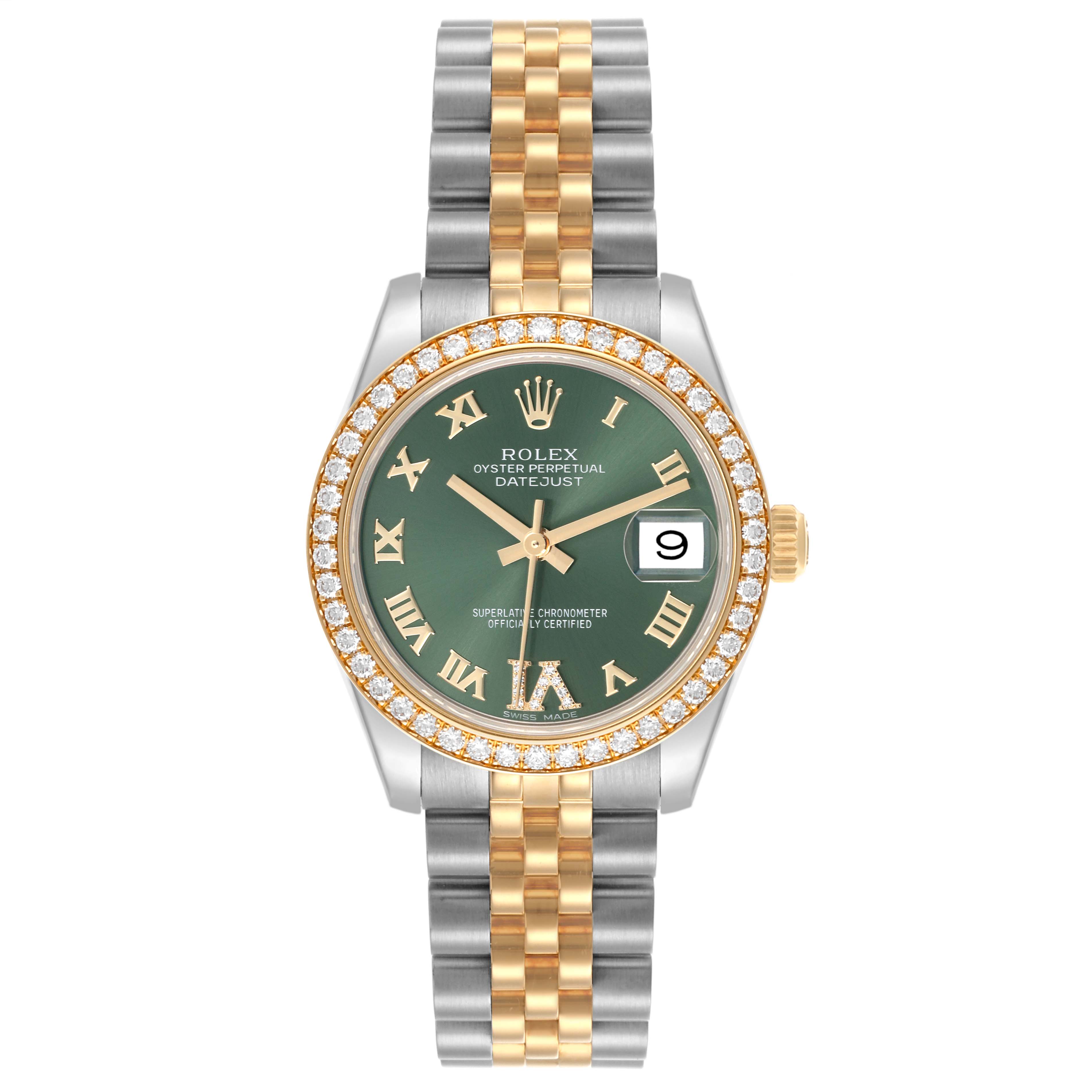 The Rolex Datejust Mid-Size watch is shown from the front, highlighting the green dial, diamond bezel, and two-tone bracelet.
