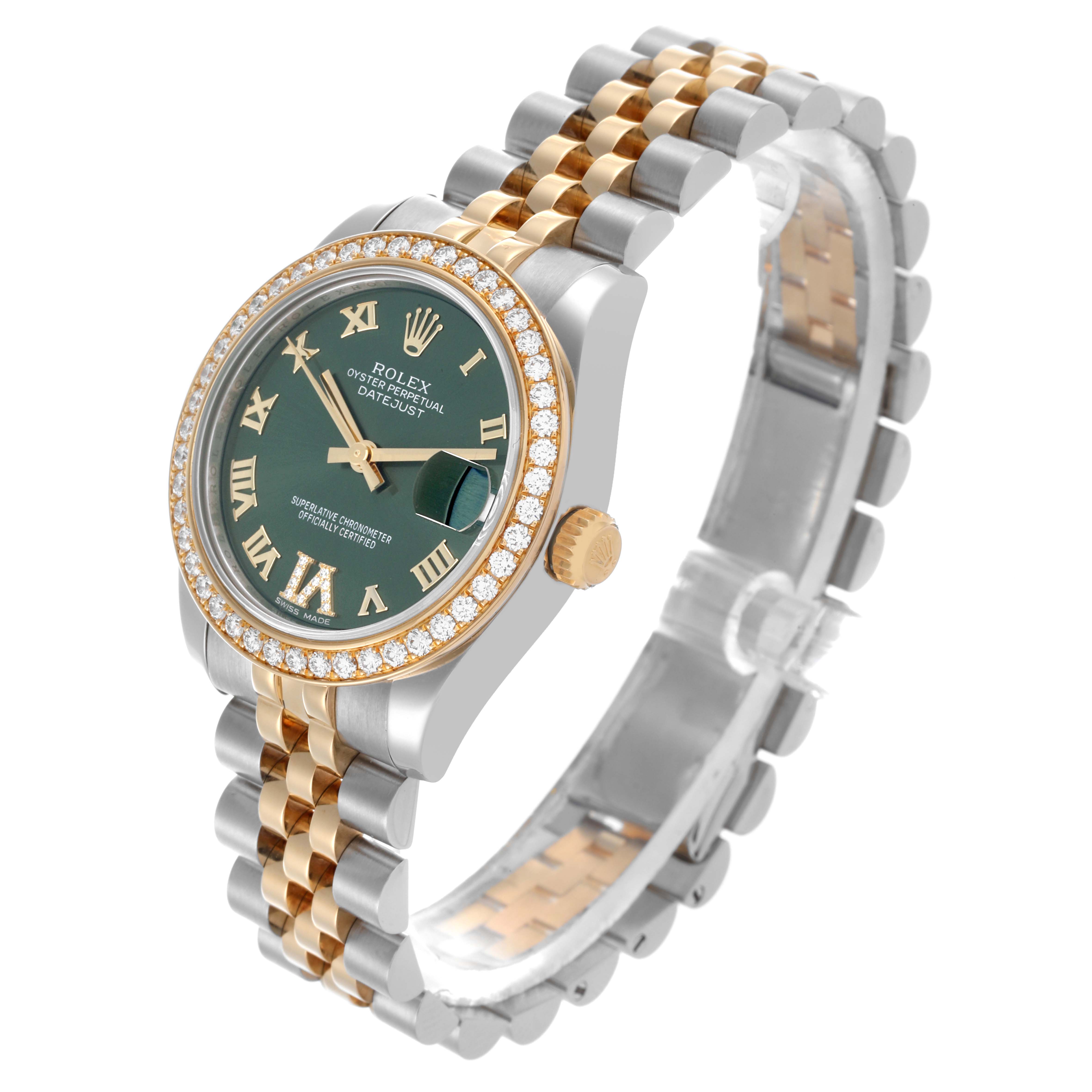 The Rolex Mid-Size 178383 Women's Steel and Gold (two tone) Green Dial 178383 Women's Steel and Gold (two tone) Green Dial watch is shown at a tilted angle, displaying the face, bezel, crown, and bracelet.