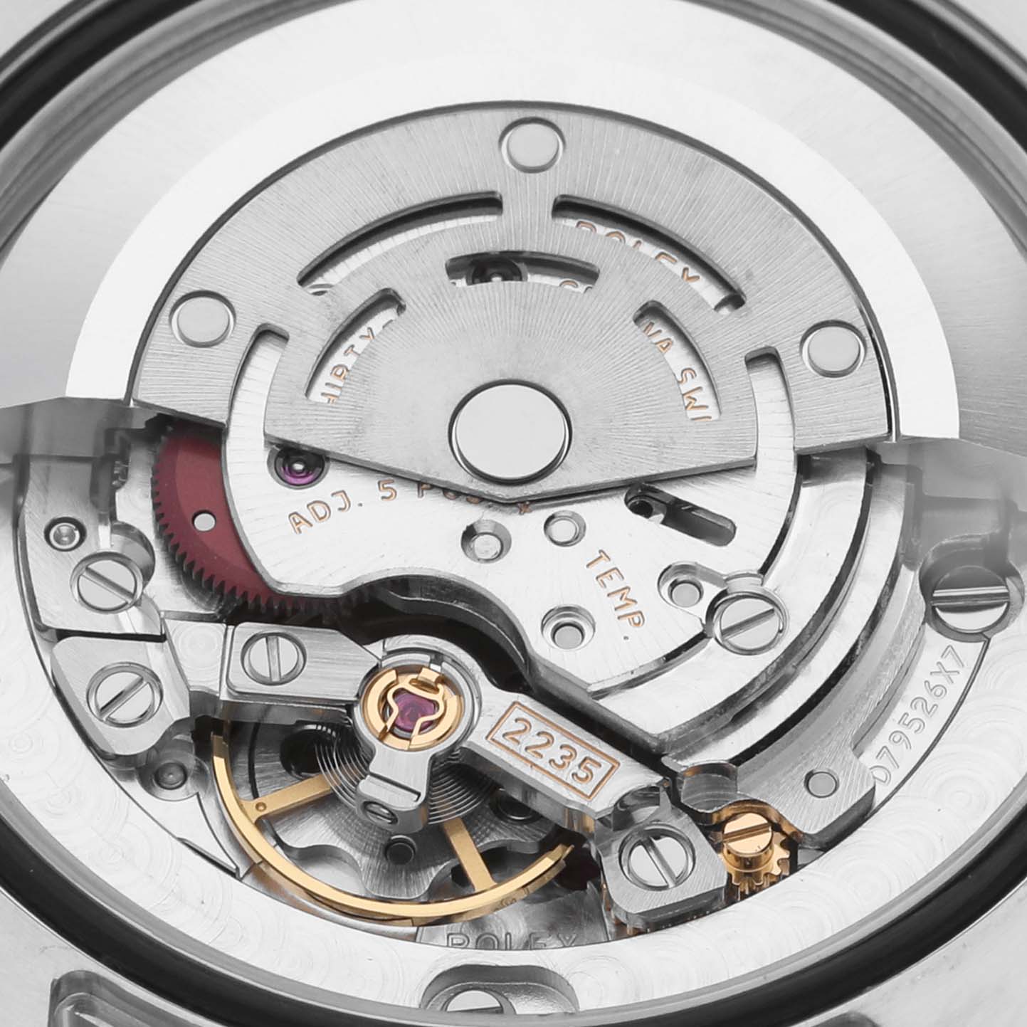 The image shows the movement mechanism of a Rolex Mid-Size 178383 Women's Steel and Gold (two tone) Green Dial 178383 Women's Steel and Gold (two tone) Green Dial watch viewed from the back.