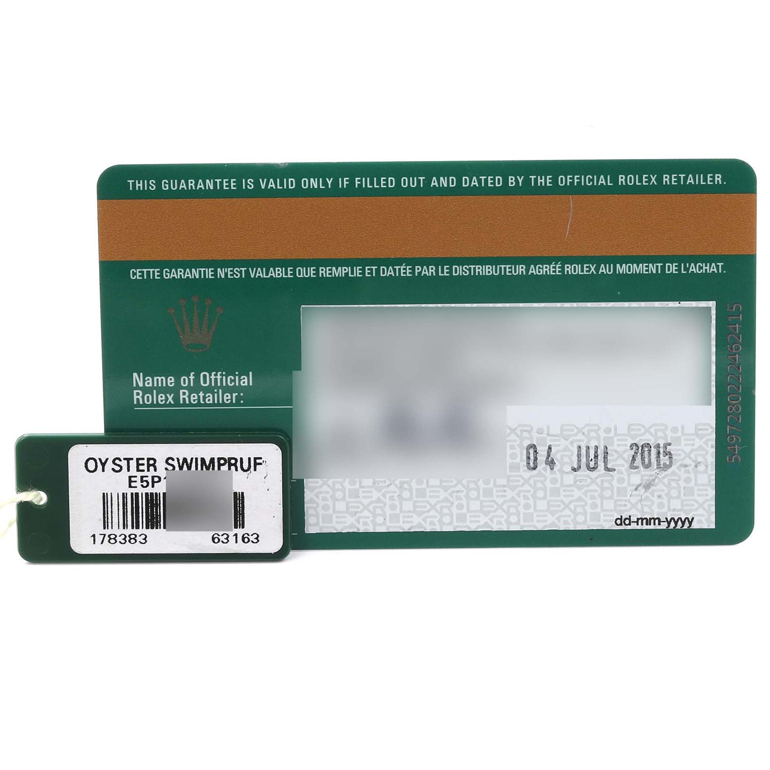 This image shows the guarantee card and hang tag for a Mid-Size Rolex watch.