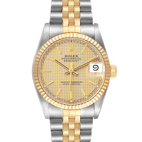 The Rolex Datejust 68273 Women's Steel and Gold (two tone) Champagne Dial watch is shown from a front angle, displaying its face, bezel, and two-tone bracelet.