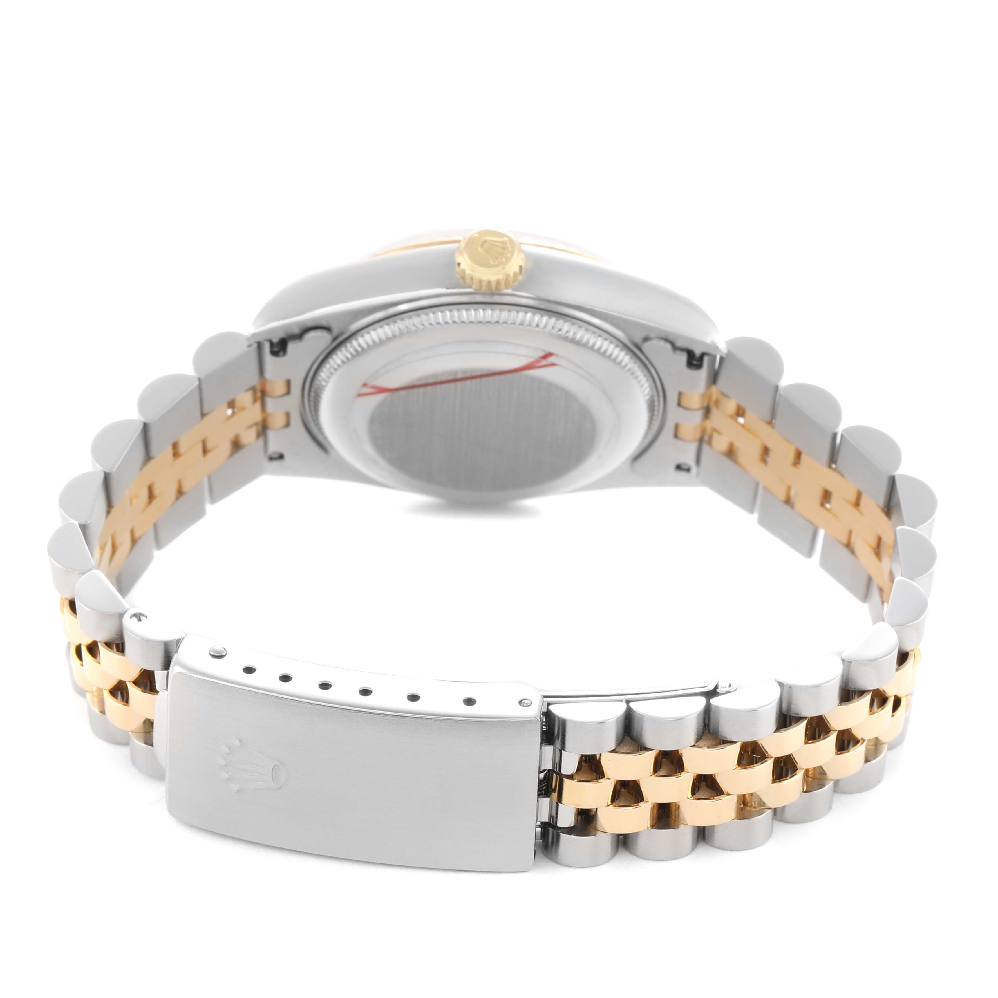 The Rolex Datejust 68273 Women's Steel and Gold (two tone) Champagne Dial watch is shown from the back, highlighting the two-tone bracelet, case back, and clasp.
