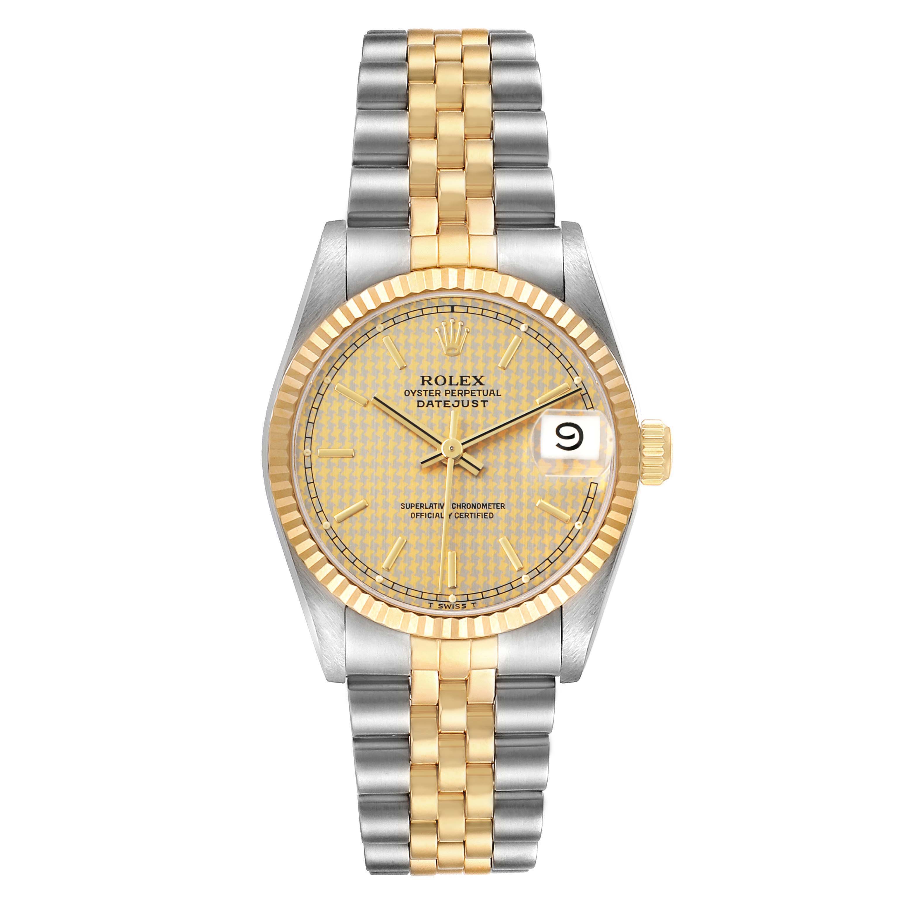 The Rolex Datejust 68273 Women's Steel and Gold (two tone) Champagne Dial watch is shown from the front, displaying the dial, bezel, and bracelet.