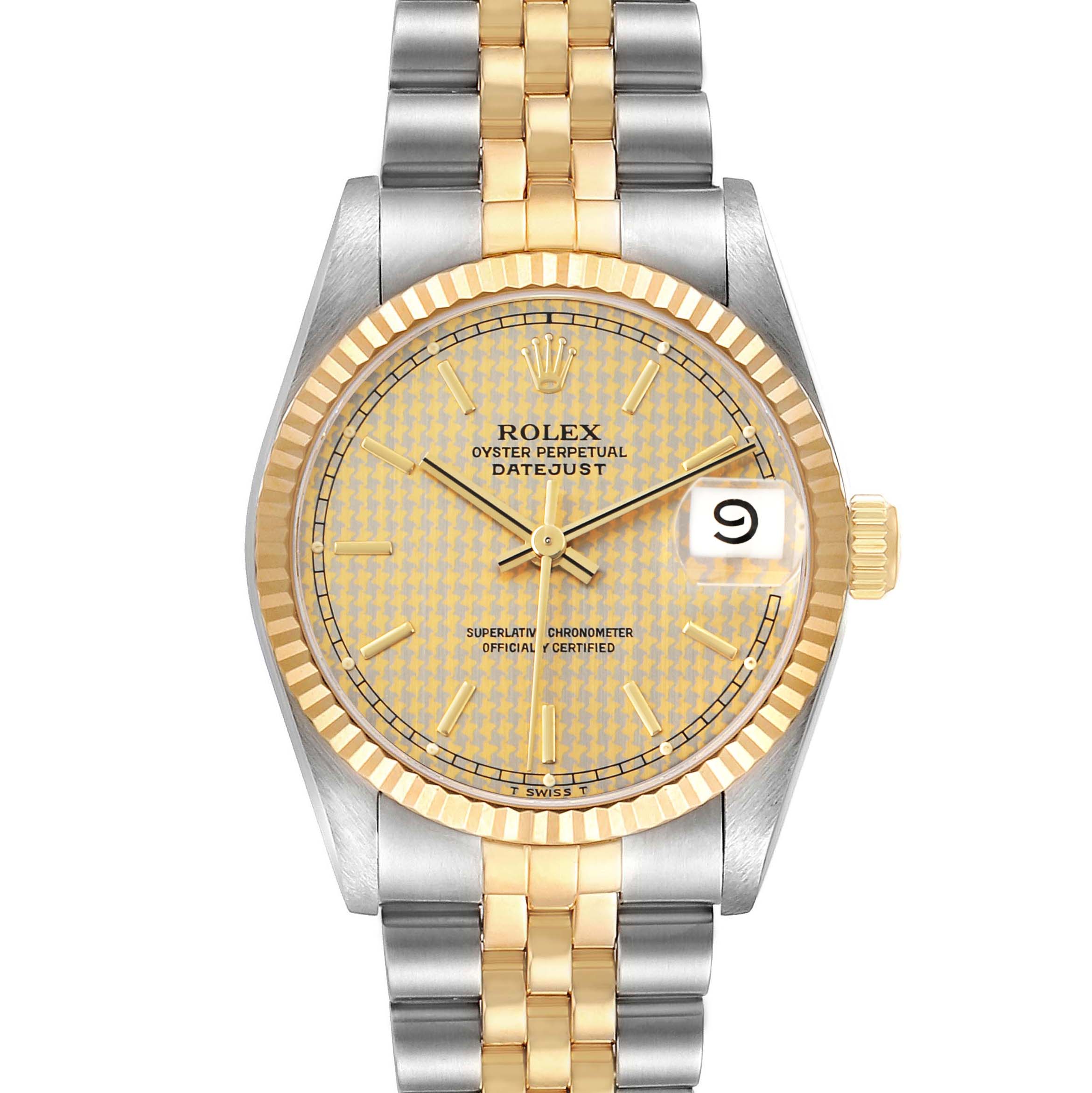 The Rolex Datejust 68273 Women's Steel and Gold (two tone) Champagne Dial watch is shown from the front, featuring the dial, bezel, and bracelet.