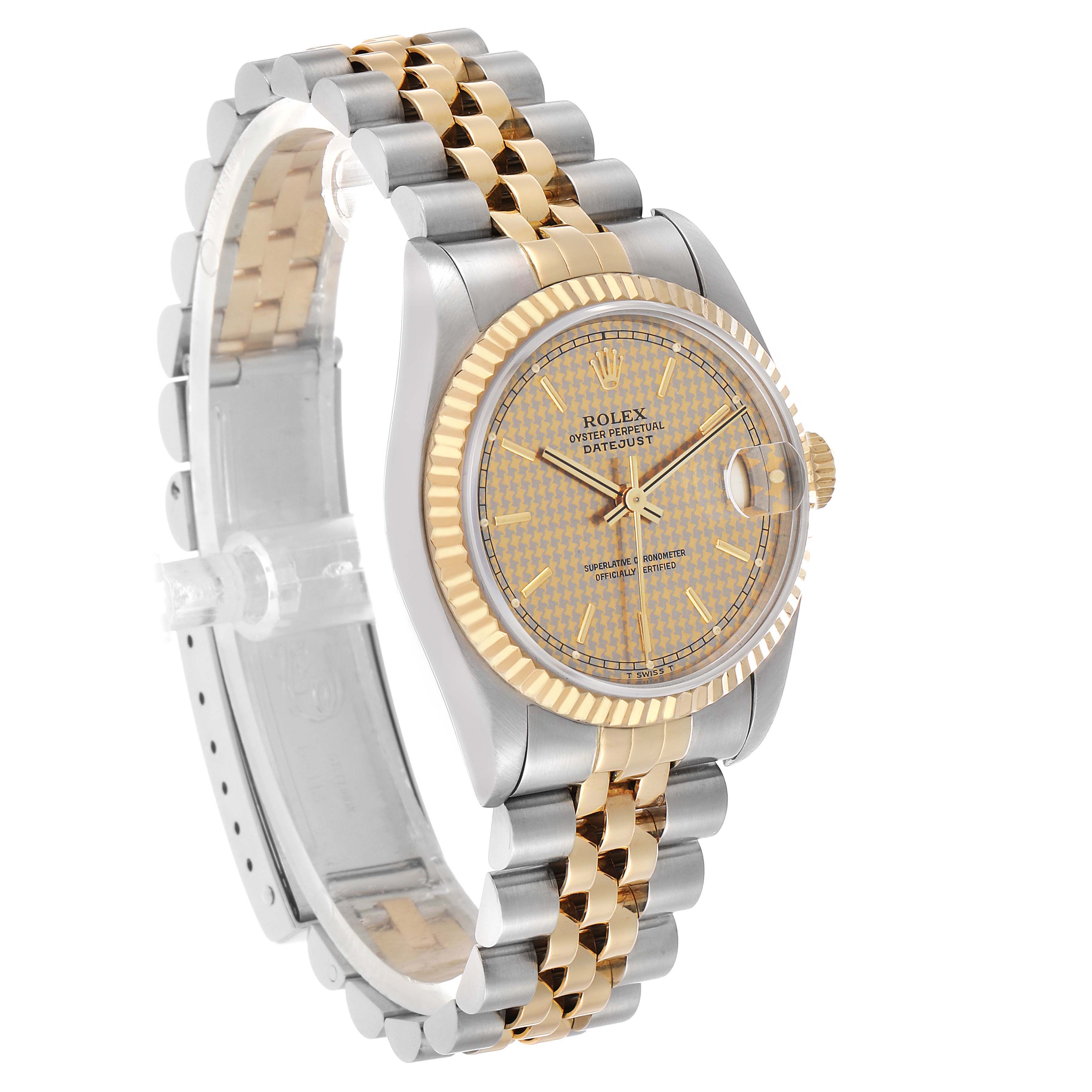 The Rolex Datejust 68273 Women's Steel and Gold (two tone) Champagne Dial watch is shown at an oblique angle, highlighting the dial, bezel, and Jubilee bracelet.