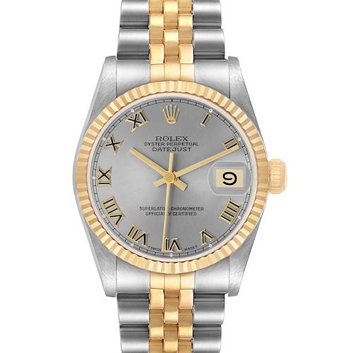 The Rolex Datejust 68273 Women's Steel and Gold (two tone) Grey Dial watch is shown from a front angle, highlighting the dial, bezel, crown, and two-tone bracelet.