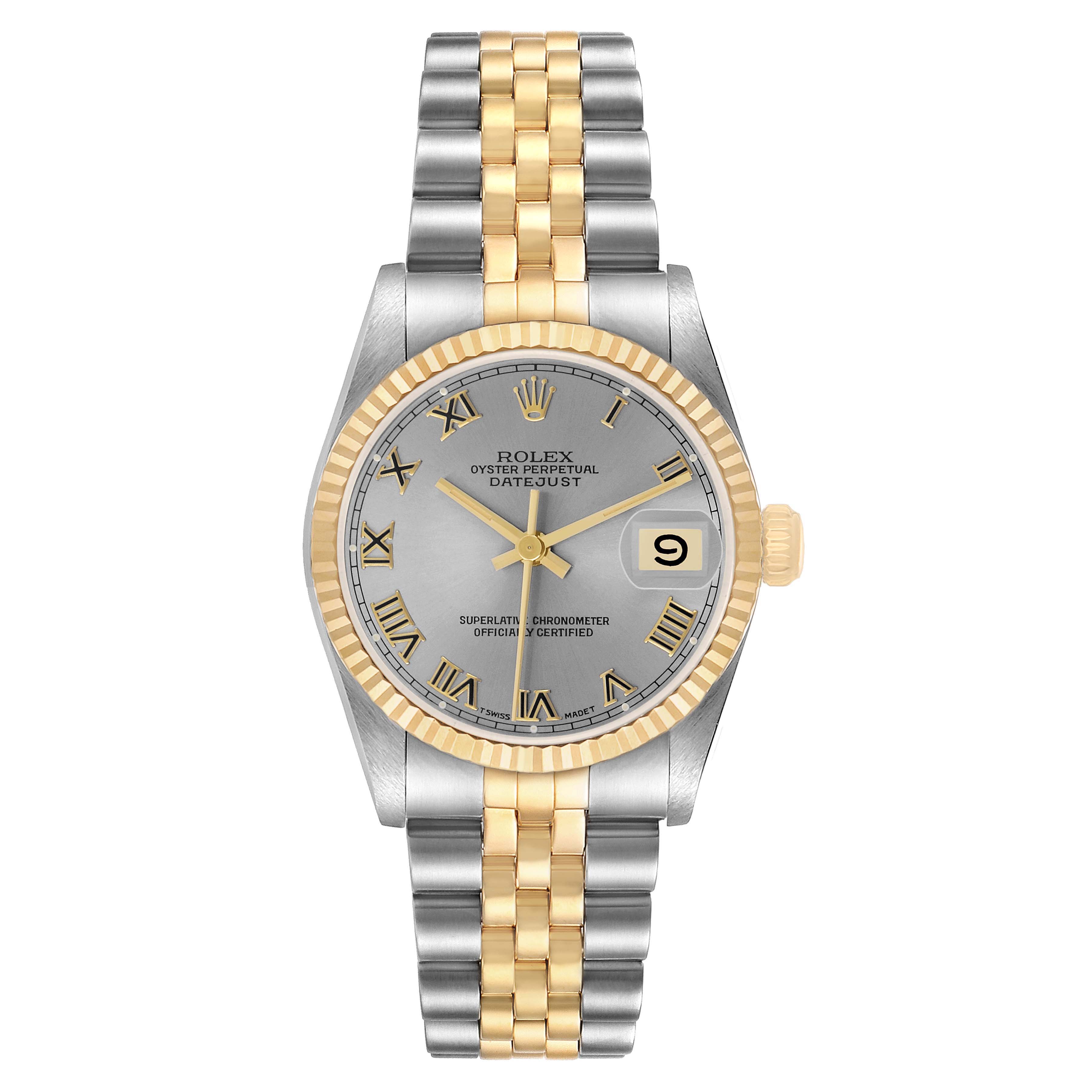 The Rolex Datejust 68273 Women's Steel and Gold (two tone) Grey Dial watch is shown from a top-down angle, displaying the dial, fluted bezel, and two-tone jubilee bracelet.