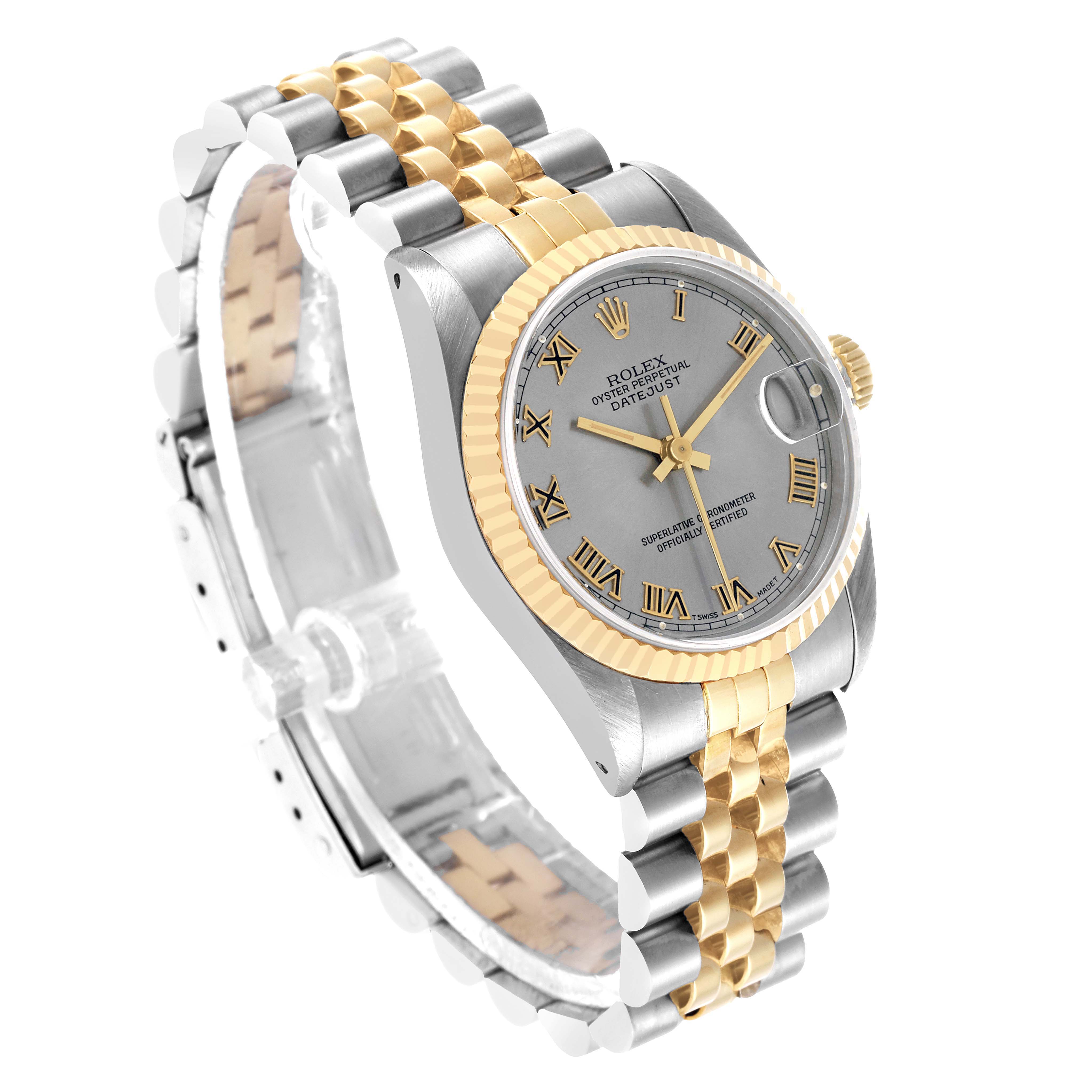The Rolex Datejust 68273 Women's Steel and Gold (two tone) Grey Dial watch is angled to show the face, Roman numeral dial, bezel, and two-tone bracelet.