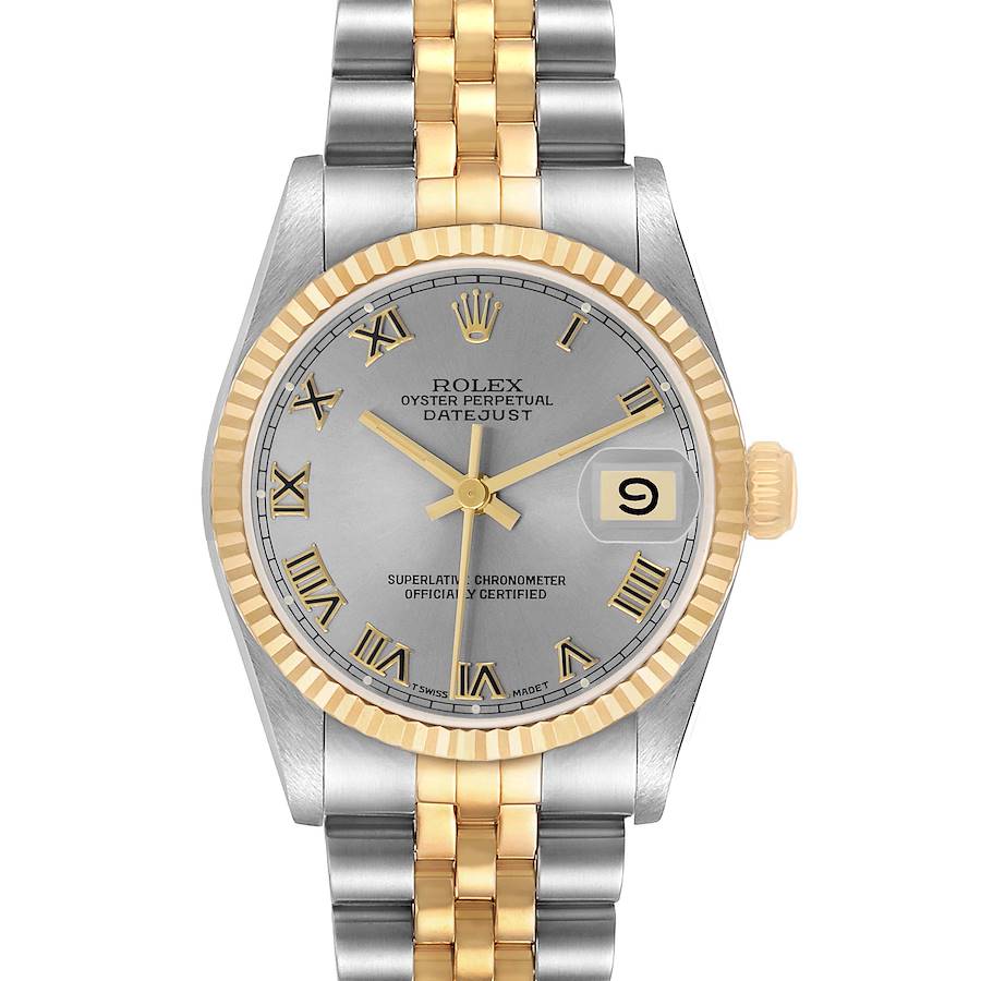 The Rolex Datejust 68273 Women's Steel and Gold (two tone) Grey Dial watch is shown from a front view, displaying the dial, two-tone band, and fluted bezel clearly.
