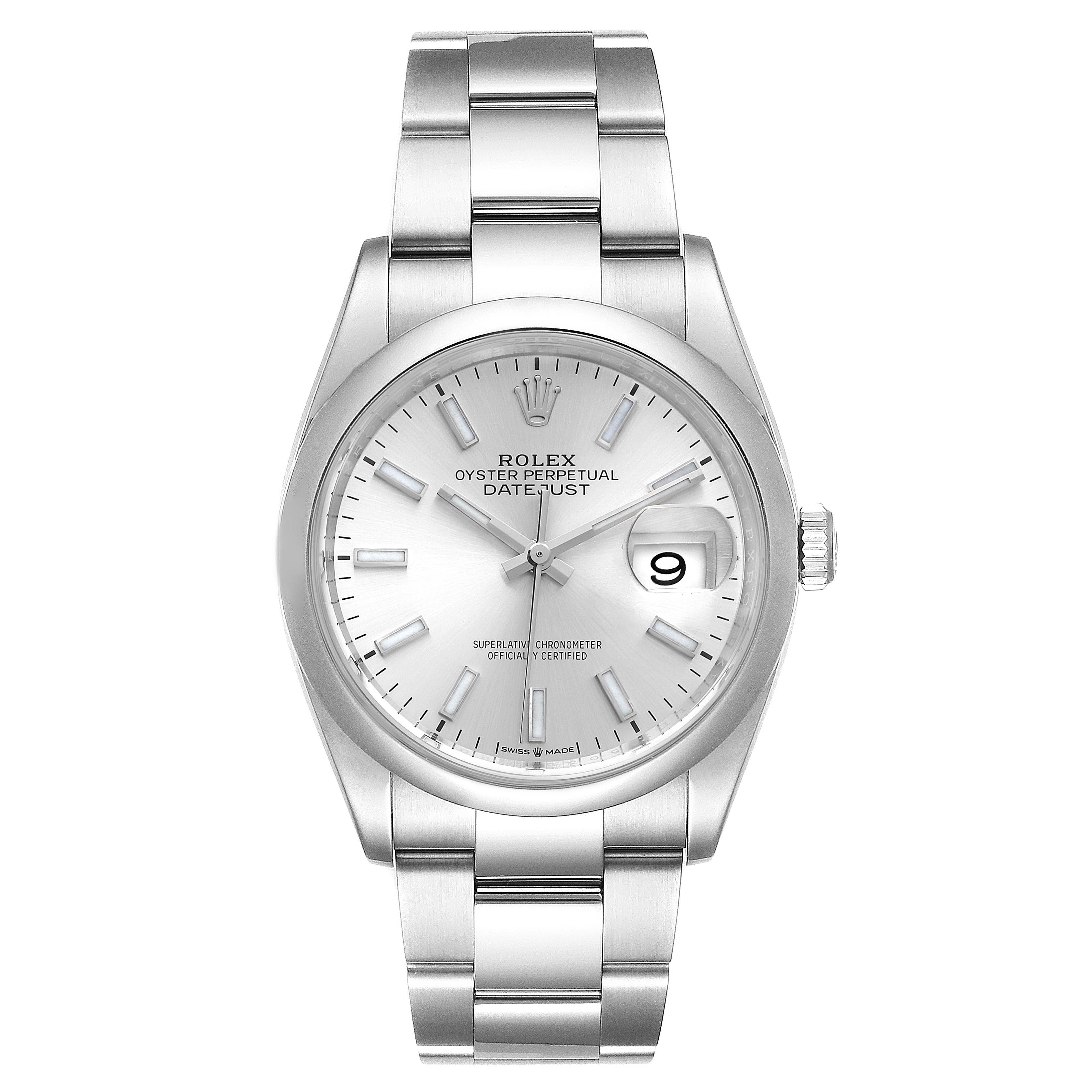 This image shows a front view of a Rolex Datejust 126200 Men's Stainless Steel Silver Dial 126200 Men's Stainless Steel Silver Dial watch, displaying its dial, bezel, hands, bracelet, and date window.