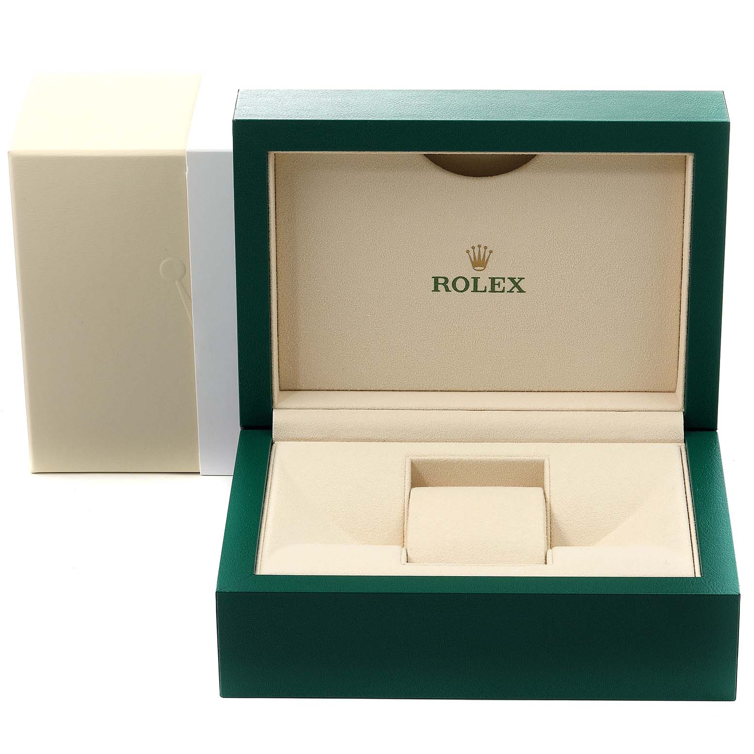 The image shows the open box for a Rolex Datejust 126200 Men's Stainless Steel Silver Dial 126200 Men's Stainless Steel Silver Dial watch, featuring a beige interior and green exterior.