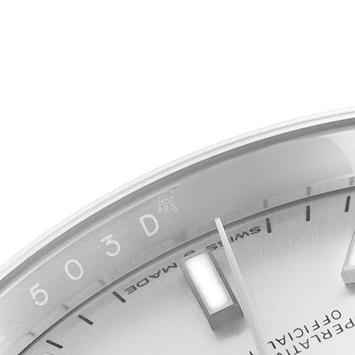 This image shows a close-up of the dial and minute hand of a Rolex Datejust 126200 Men's Stainless Steel Silver Dial 126200 Men's Stainless Steel Silver Dial watch.
