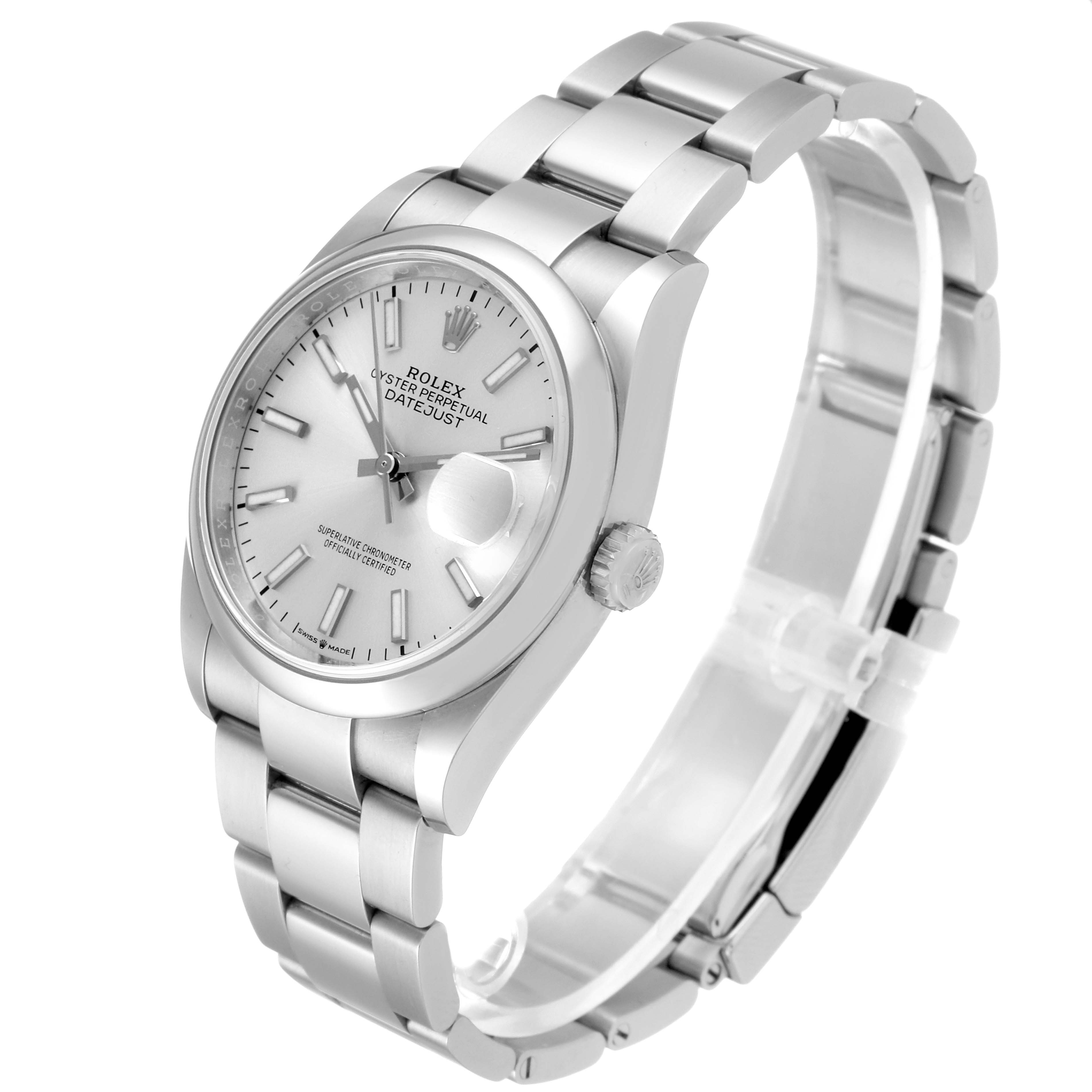 The image shows a Rolex Datejust 126200 Men's Stainless Steel Silver Dial 126200 Men's Stainless Steel Silver Dial watch from a side angle, highlighting the dial, crown, and bracelet.