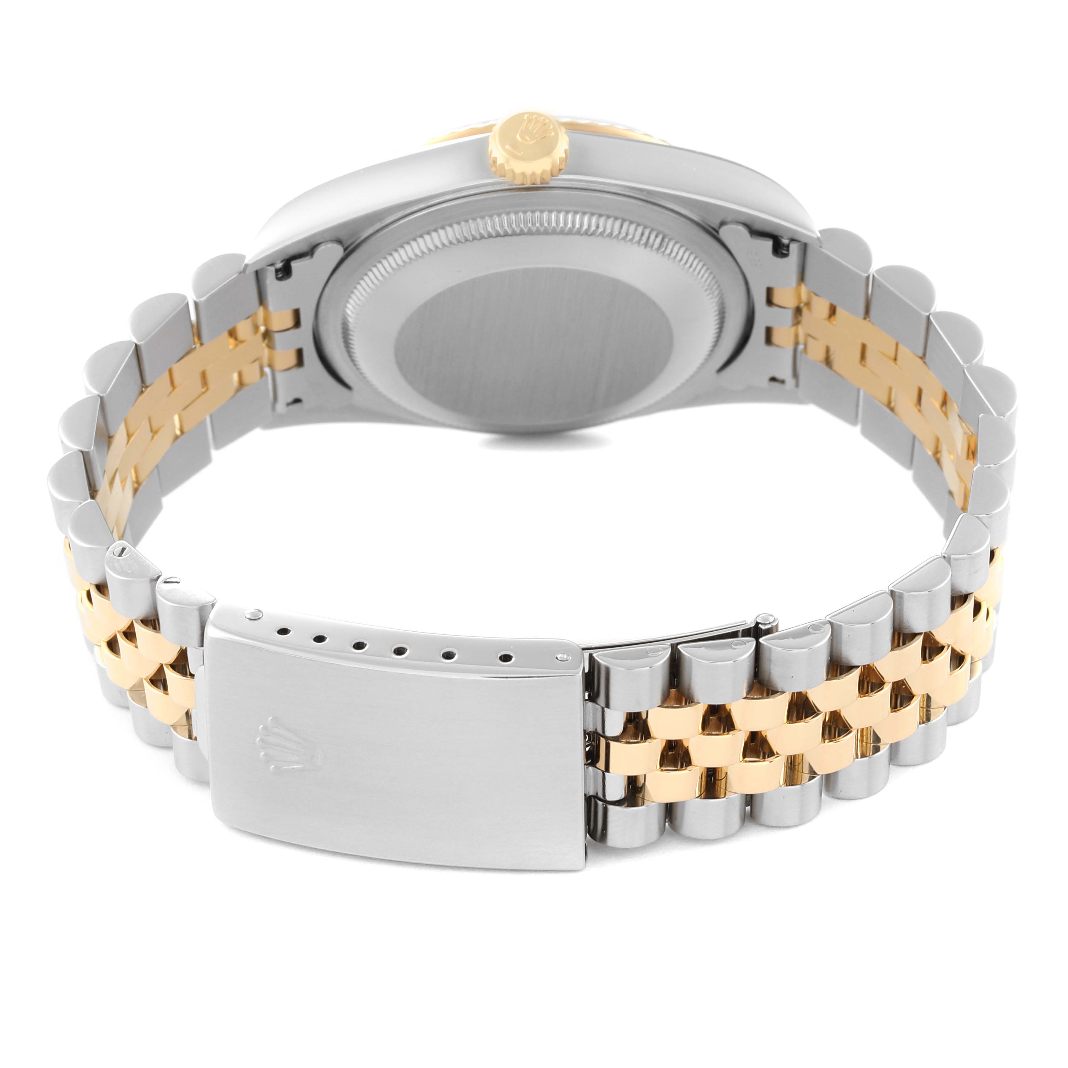 This image shows the case back, crown, and Jubilee bracelet of a Rolex Datejust 16233 Men's Steel and Gold (two tone) Blue Dial 16233 Men's Steel and Gold (two tone) Blue Dial watch.