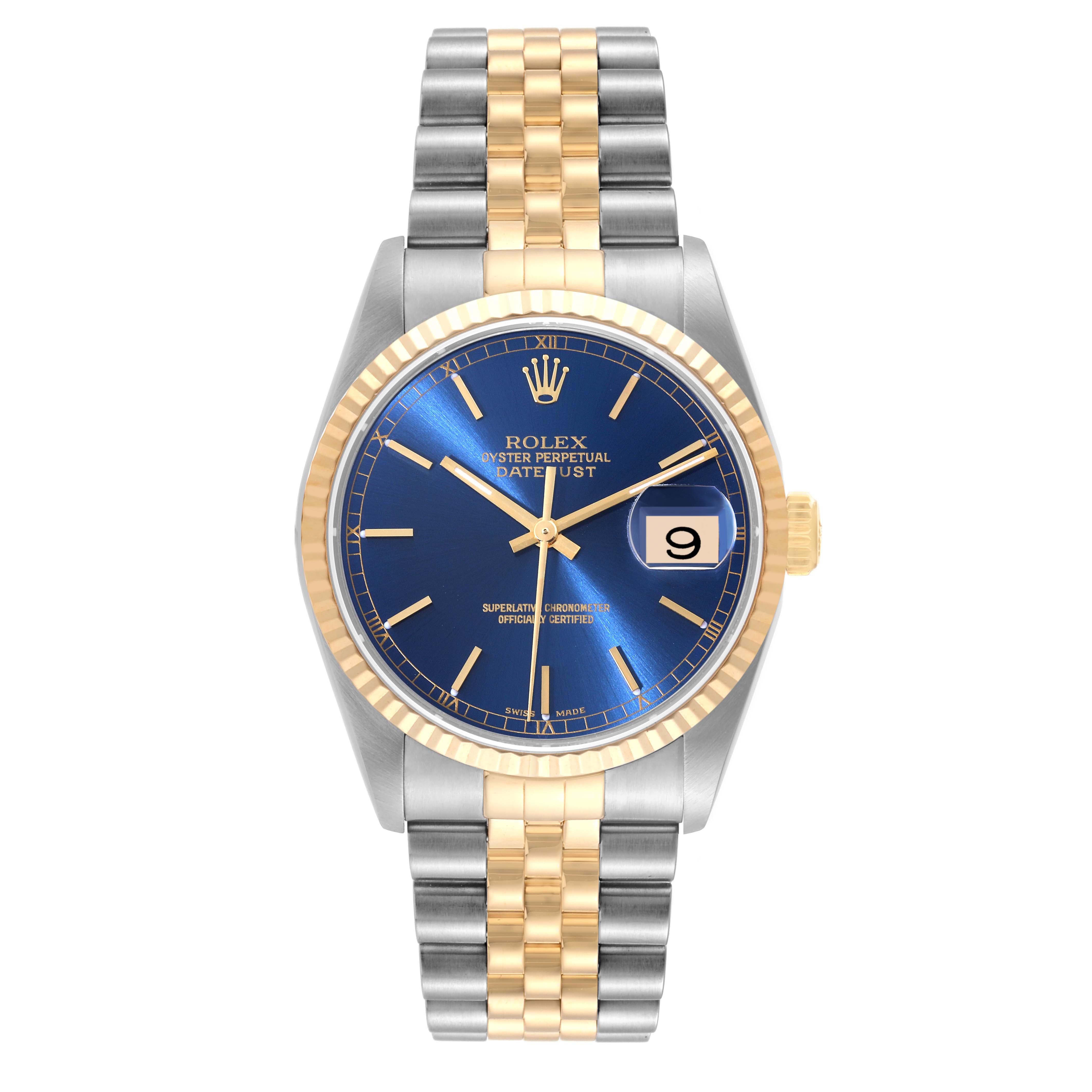 The image shows a Rolex Datejust 16233 Men's Steel and Gold (two tone) Blue Dial 16233 Men's Steel and Gold (two tone) Blue Dial watch from a front angle, highlighting its blue dial, gold bezel, and two-tone bracelet.