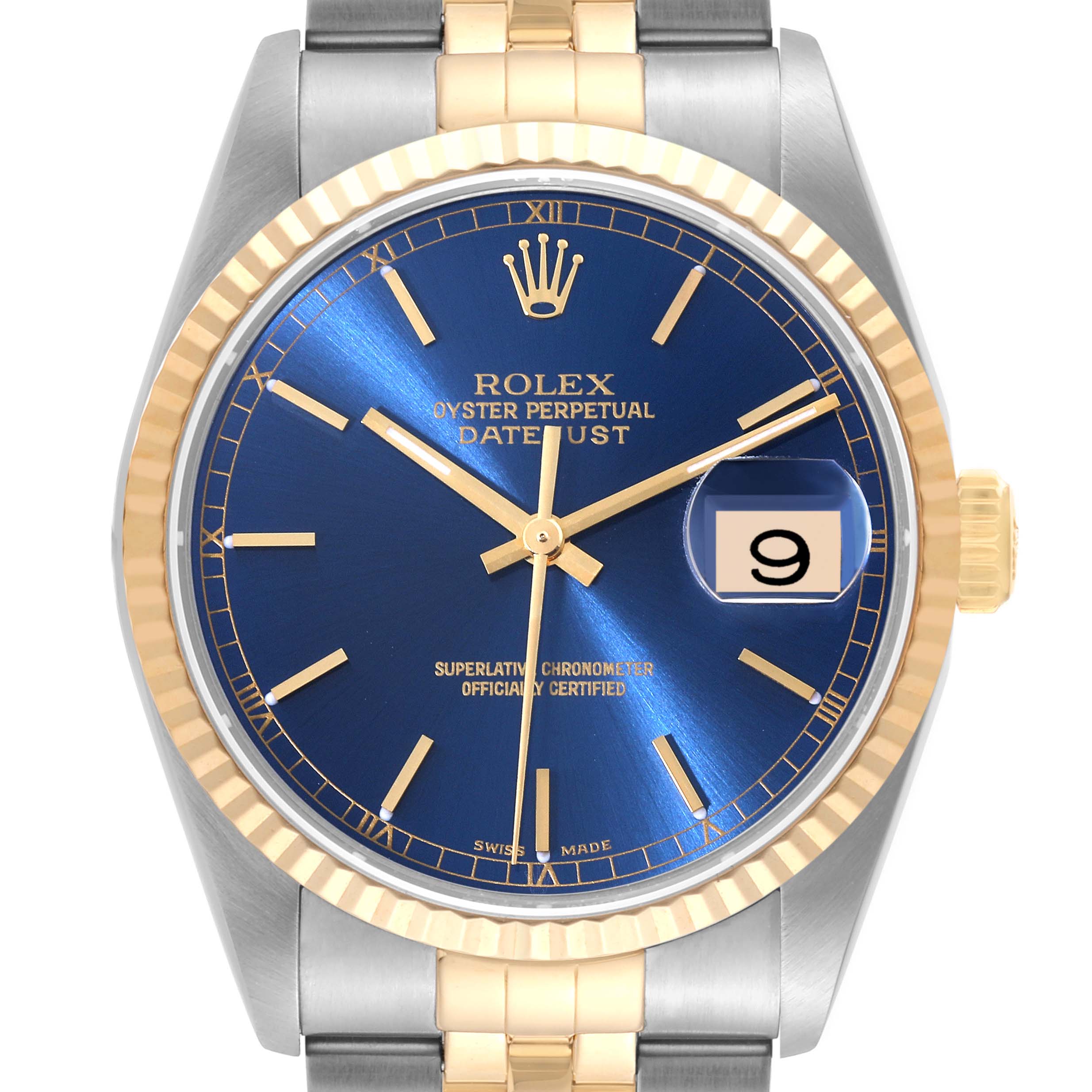 The image shows a front view of a Rolex Datejust 16233 Men's Steel and Gold (two tone) Blue Dial 16233 Men's Steel and Gold (two tone) Blue Dial watch with a blue dial, gold markers, and a two-tone metal bracelet.