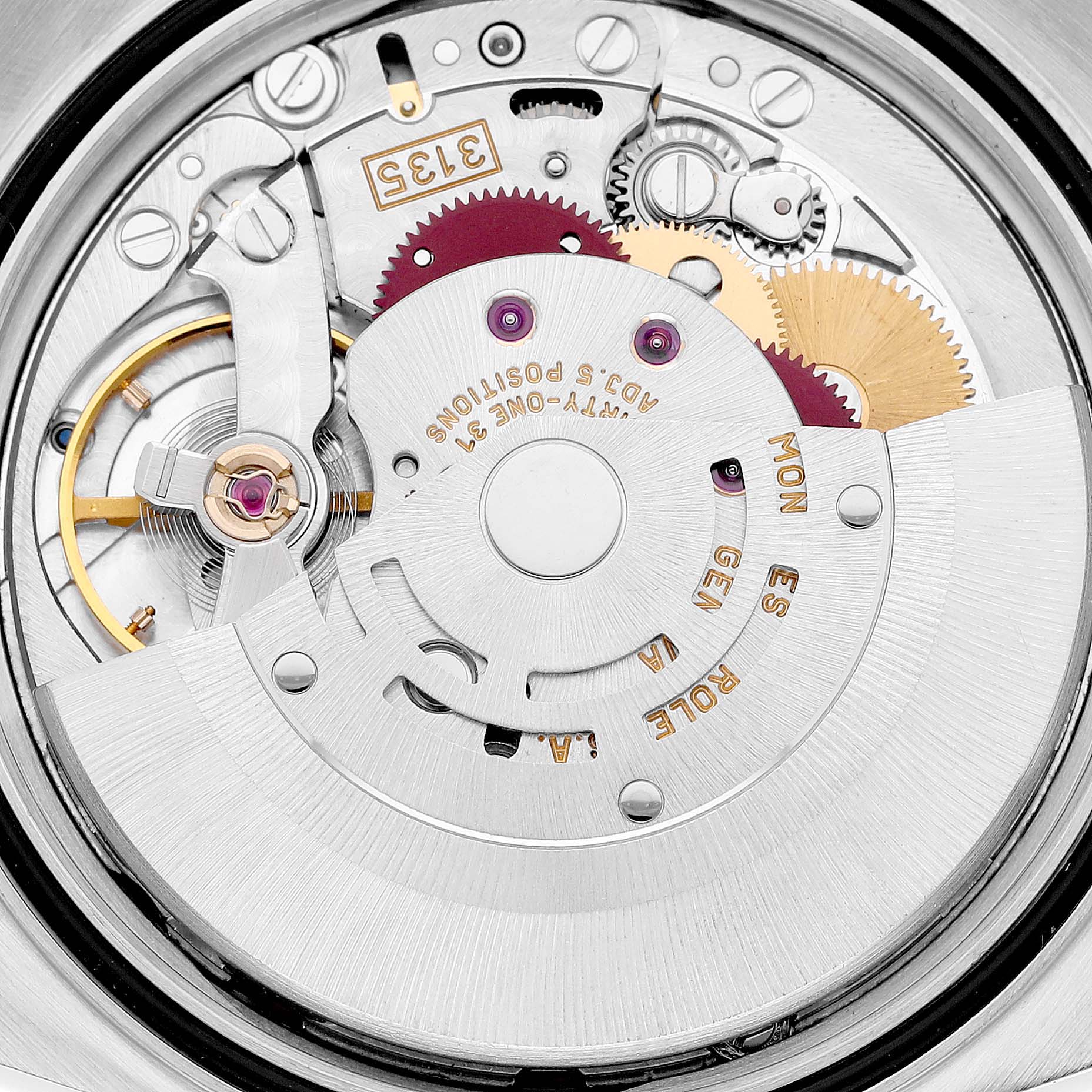 The image shows a close-up of the movement and internal mechanism of a Rolex Datejust 16233 Men's Steel and Gold (two tone) Blue Dial 16233 Men's Steel and Gold (two tone) Blue Dial watch.