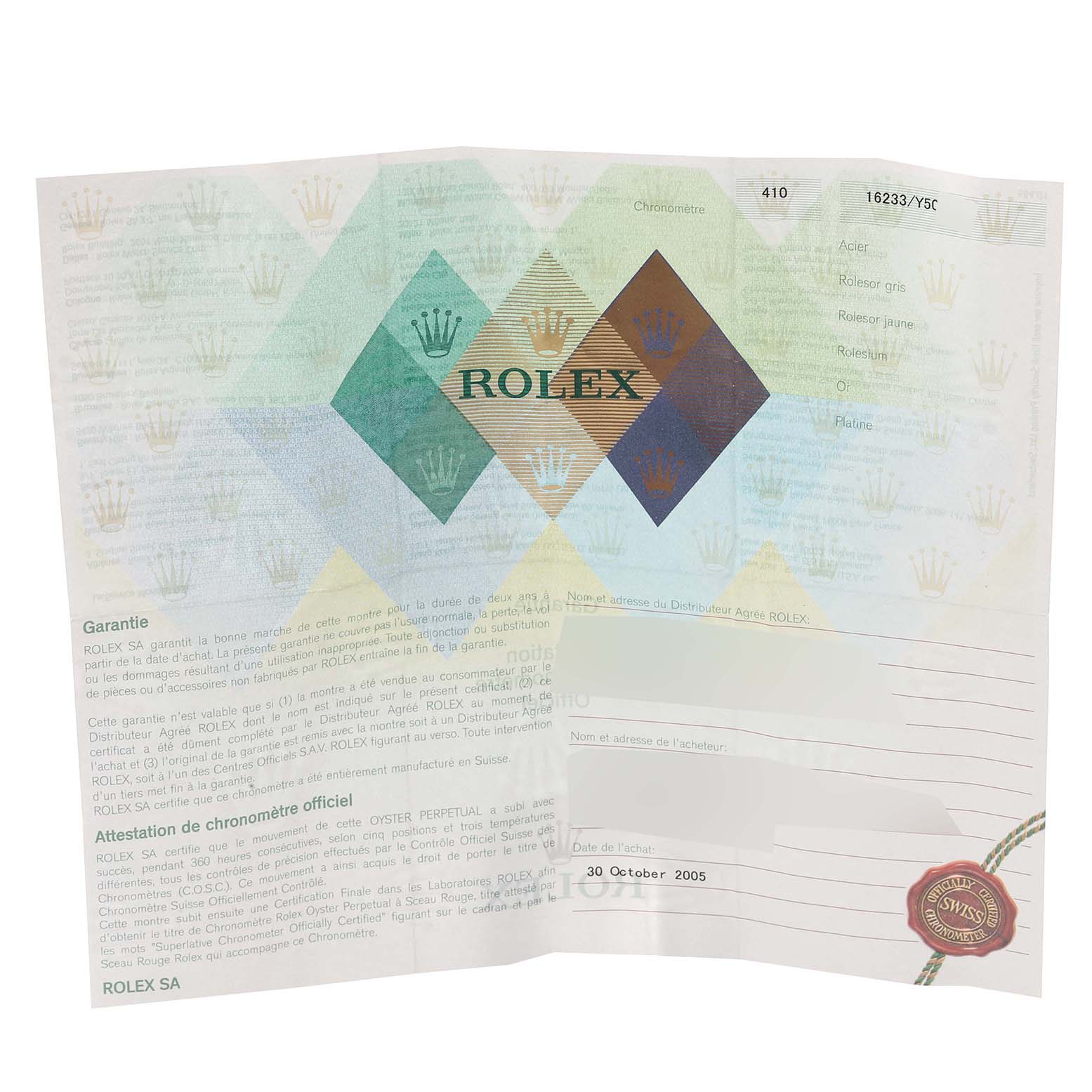 This image shows the guarantee and certification paperwork for a Rolex Datejust 16233 Men's Steel and Gold (two tone) Blue Dial 16233 Men's Steel and Gold (two tone) Blue Dial model watch.