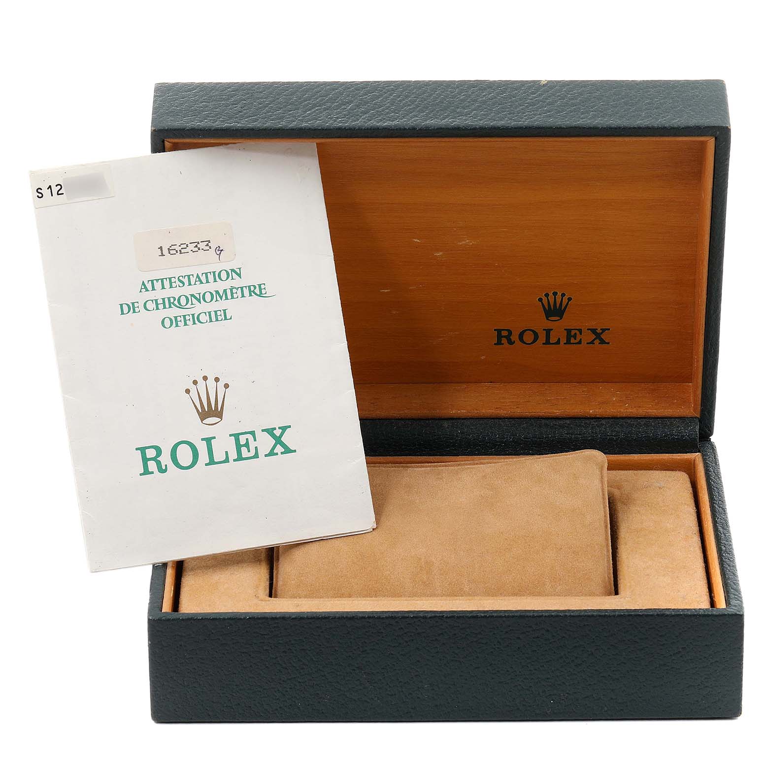 This image shows an open Rolex Datejust 16233 Men's Steel and Gold (two tone) Champagne Dial 16233 Men's Steel and Gold (two tone) Champagne Dial watch box and its official chronometer certification.