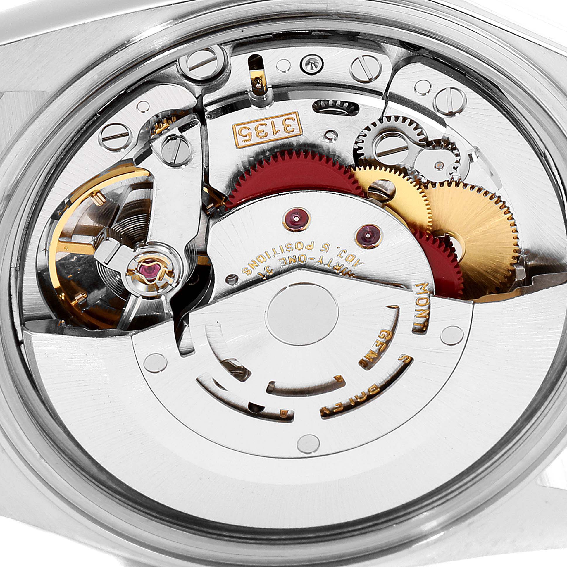 This image shows the internal mechanism and movement parts of a Rolex Datejust 16233 Men's Steel and Gold (two tone) Champagne Dial 16233 Men's Steel and Gold (two tone) Champagne Dial watch viewed from the back.
