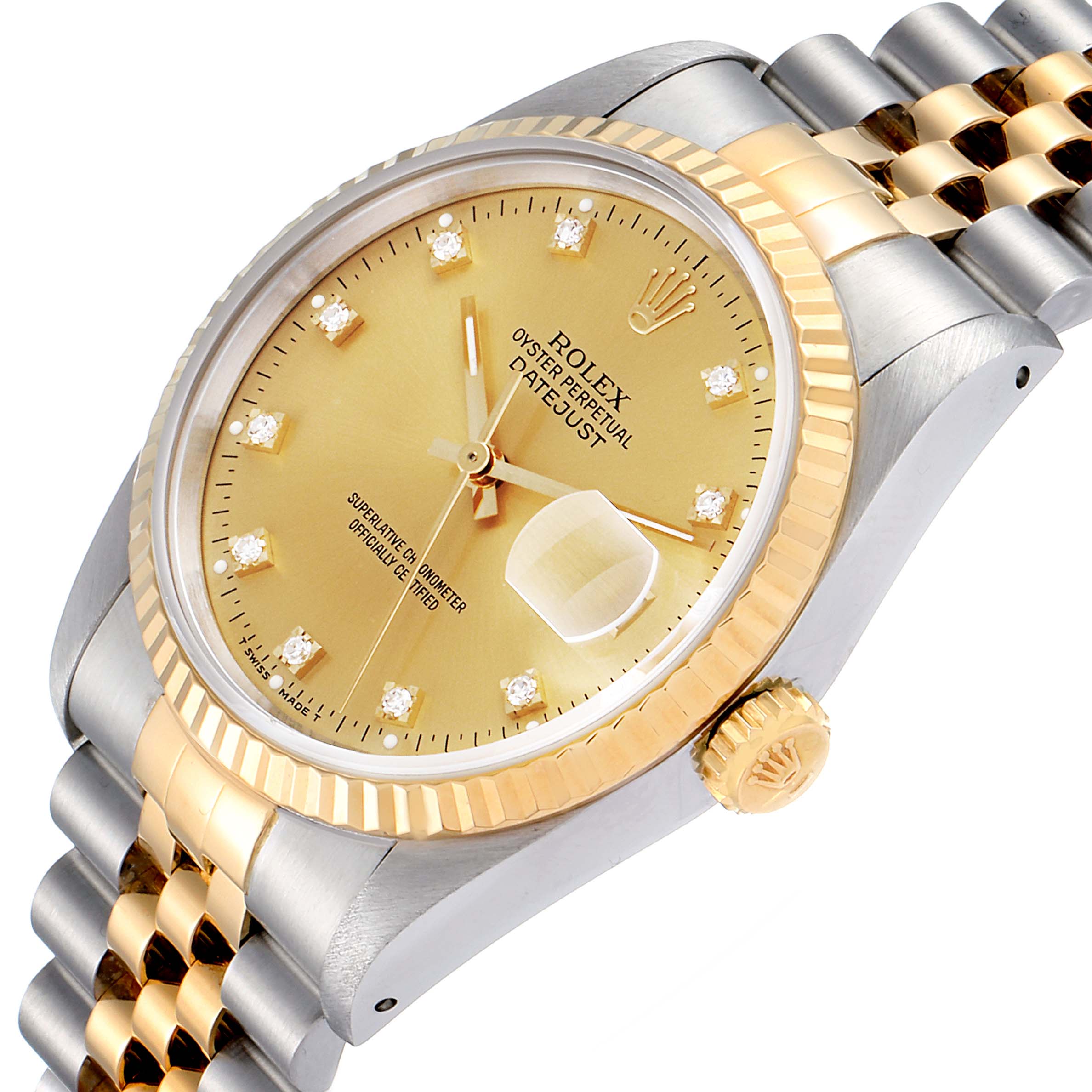 The Rolex Datejust 16233 Men's Steel and Gold (two tone) Champagne Dial 16233 Men's Steel and Gold (two tone) Champagne Dial watch is shown at an angle highlighting the gold dial, fluted bezel, crown, and two-tone bracelet.