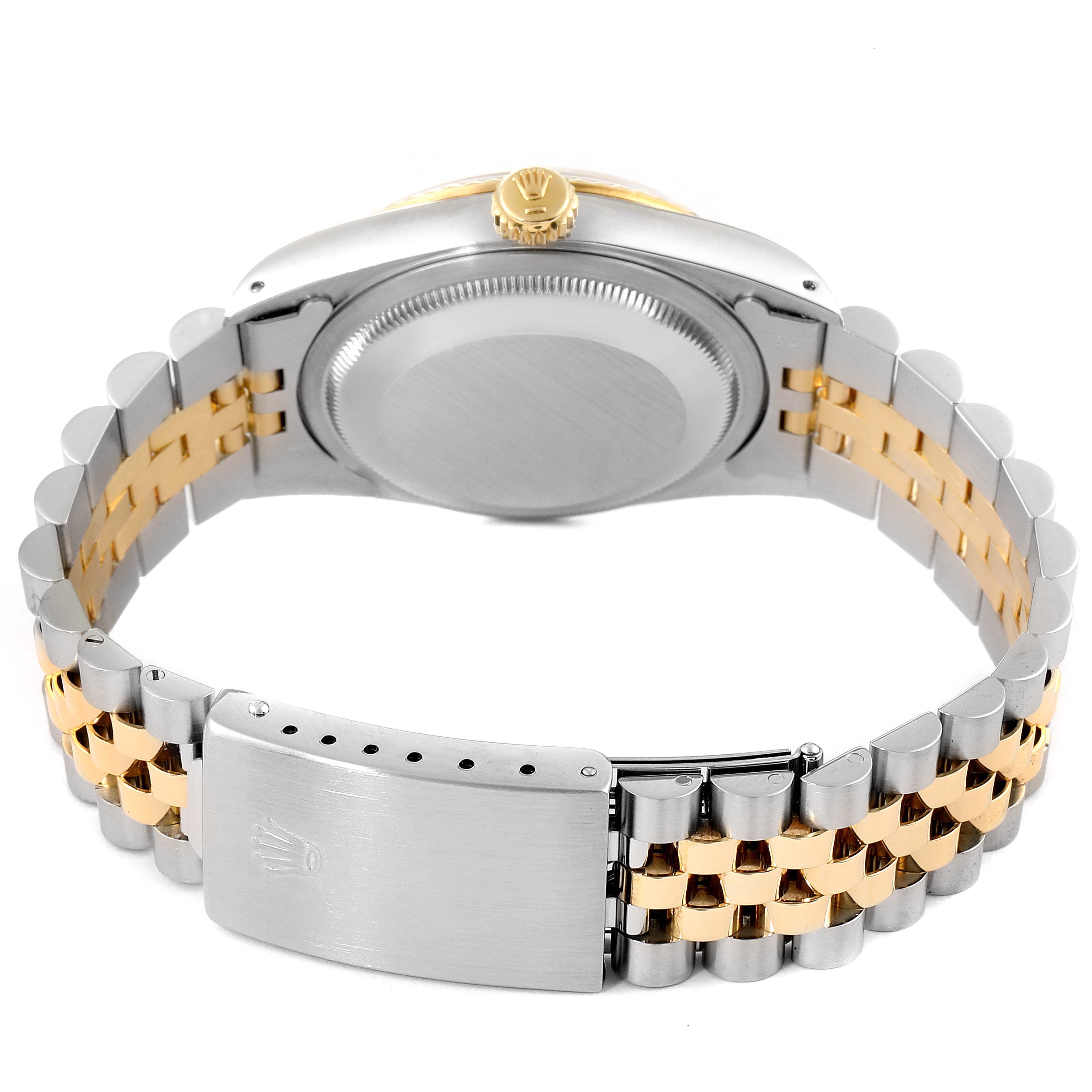 This image shows the back view of a Rolex Datejust 16233 Men's Steel and Gold (two tone) Champagne Dial 16233 Men's Steel and Gold (two tone) Champagne Dial watch with its bracelet and clasp visible.