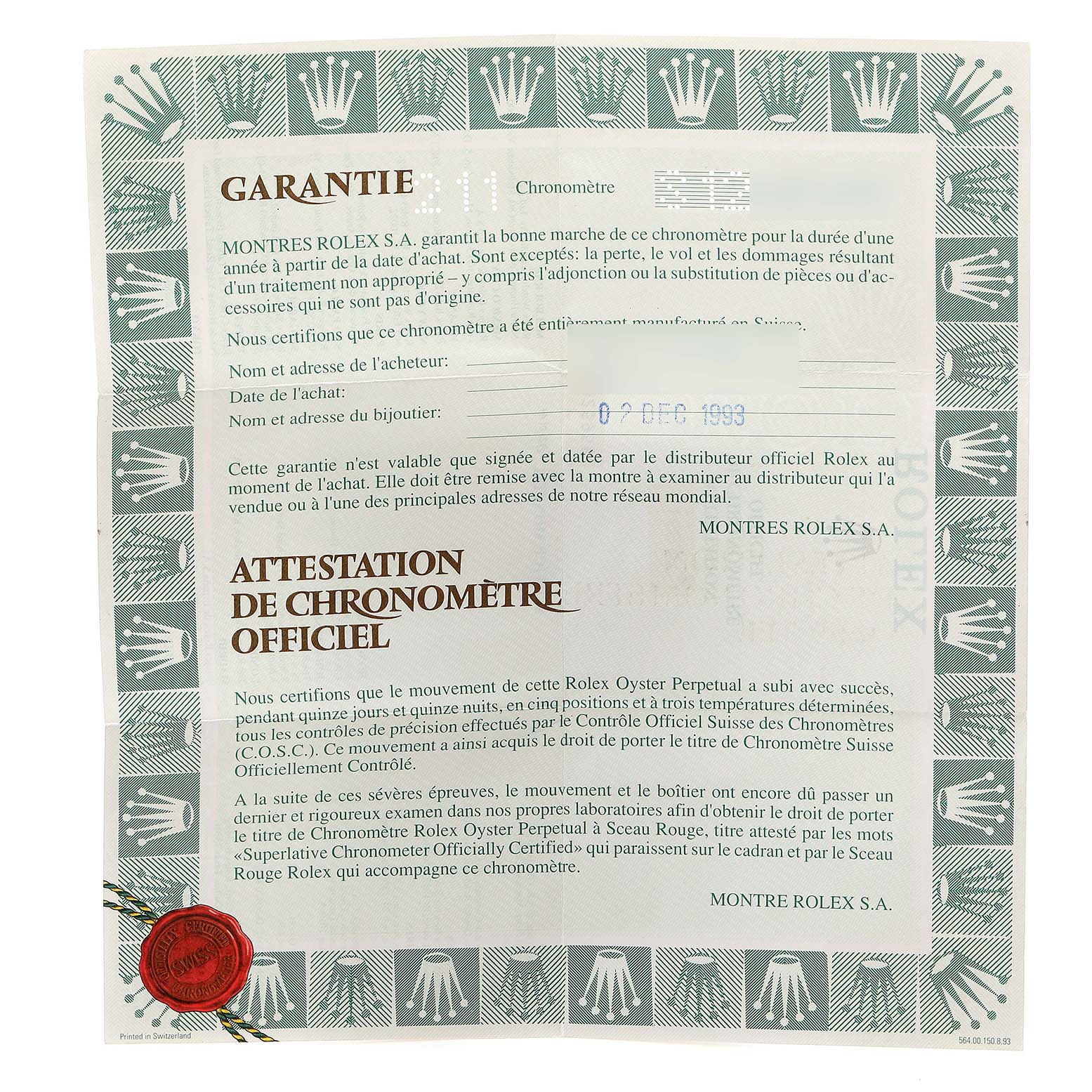 This image shows a warranty certificate for the Rolex Datejust 16233 Men's Steel and Gold (two tone) Champagne Dial 16233 Men's Steel and Gold (two tone) Champagne Dial model, including details of the guarantee and official chronometer certification.