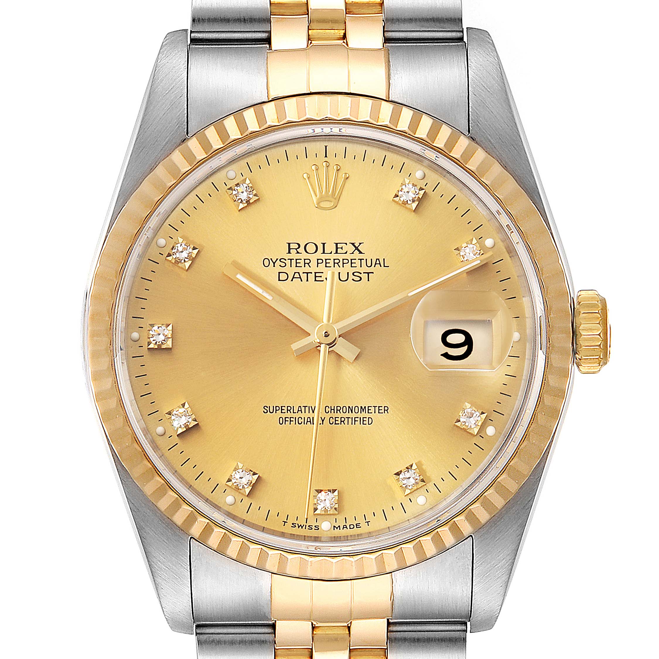 The image shows a front angle view of a Rolex Datejust 16233 Men's Steel and Gold (two tone) Champagne Dial 16233 Men's Steel and Gold (two tone) Champagne Dial watch, displaying the face, bezel, hands, crown, and part of the bracelet.