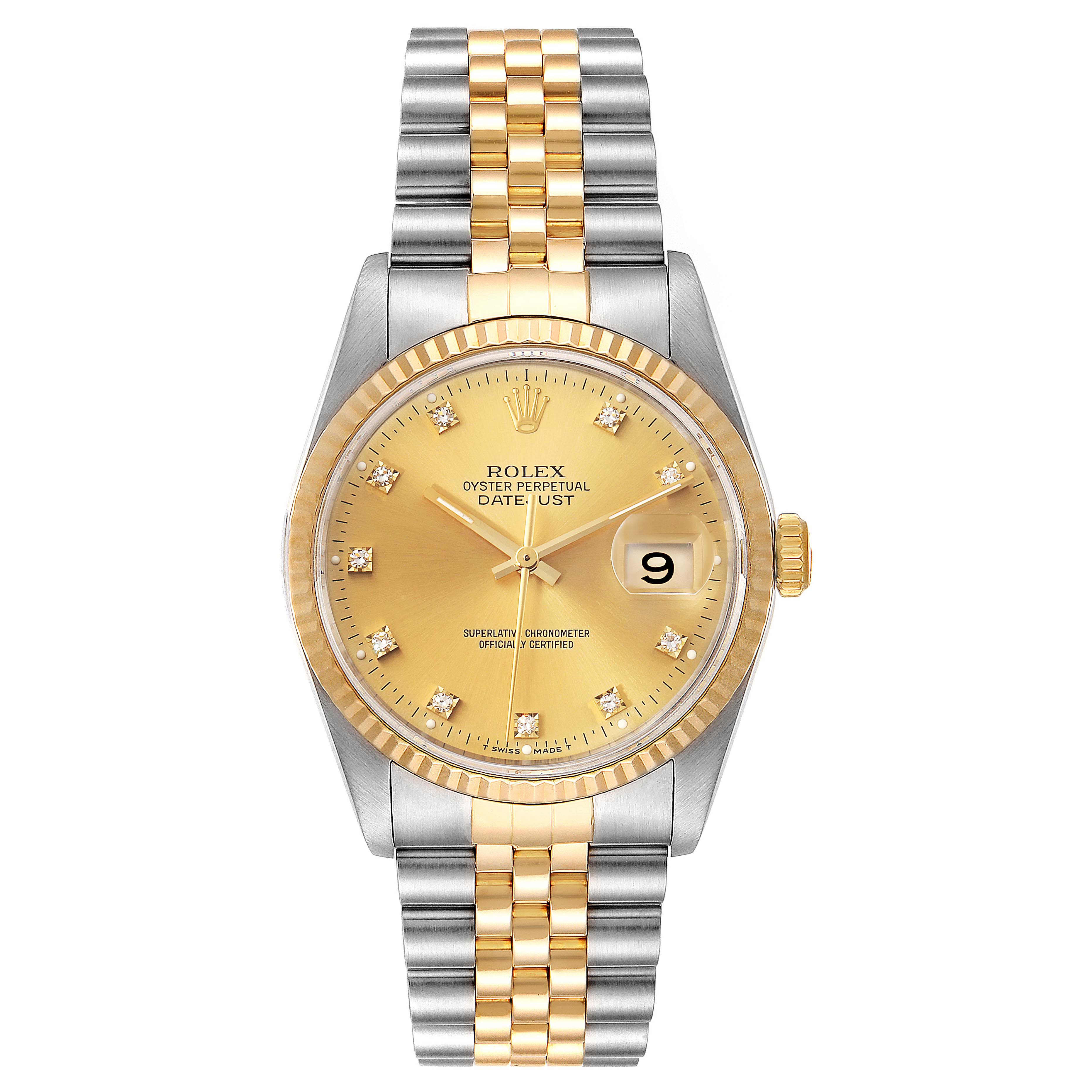 The Rolex Datejust 16233 Men's Steel and Gold (two tone) Champagne Dial 16233 Men's Steel and Gold (two tone) Champagne Dial watch is shown from a top-down angle, displaying its two-tone bracelet, gold dial, and date window.