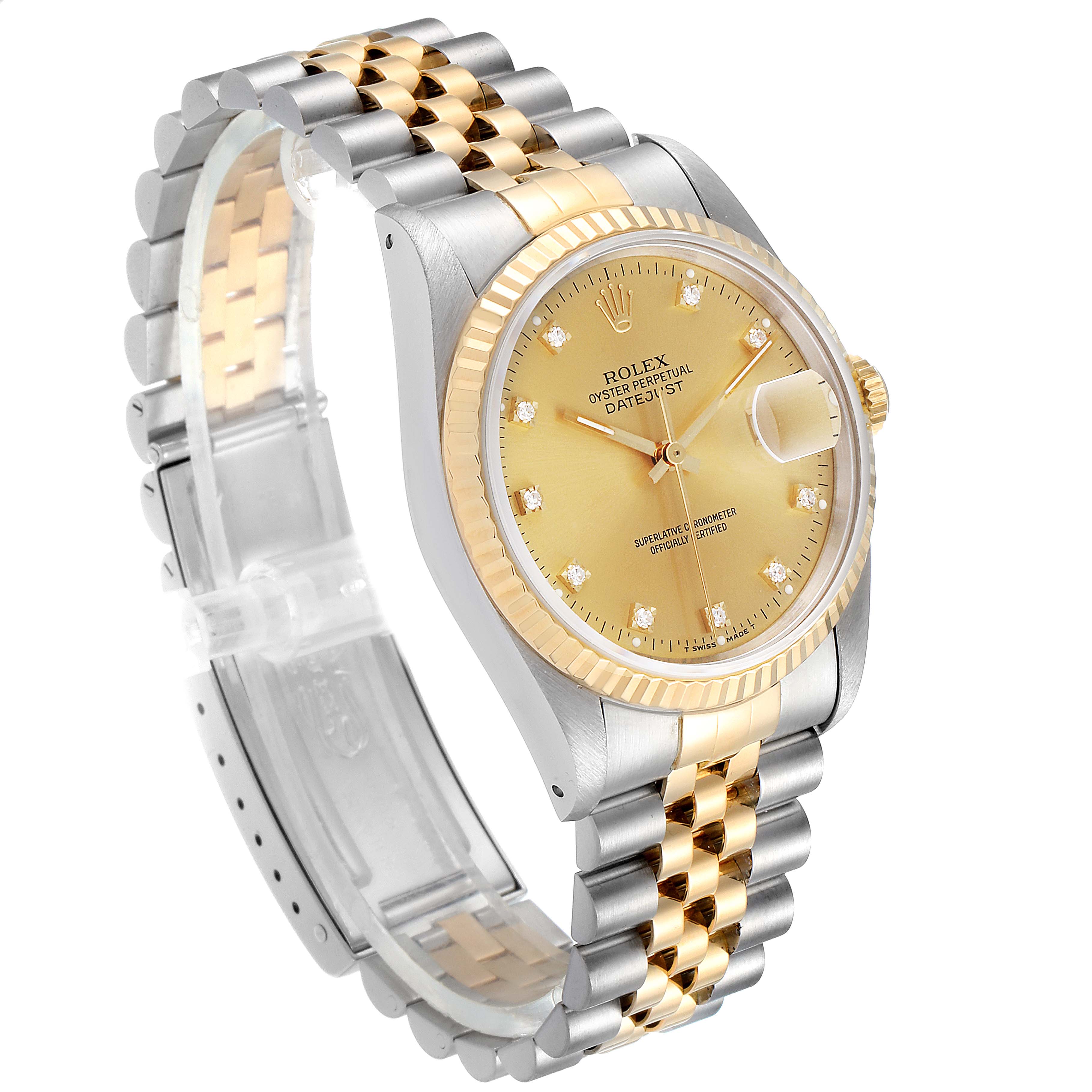 The image shows a Rolex Datejust 16233 Men's Steel and Gold (two tone) Champagne Dial 16233 Men's Steel and Gold (two tone) Champagne Dial watch at a slight angle, highlighting the dial, bezel, and two-tone bracelet.