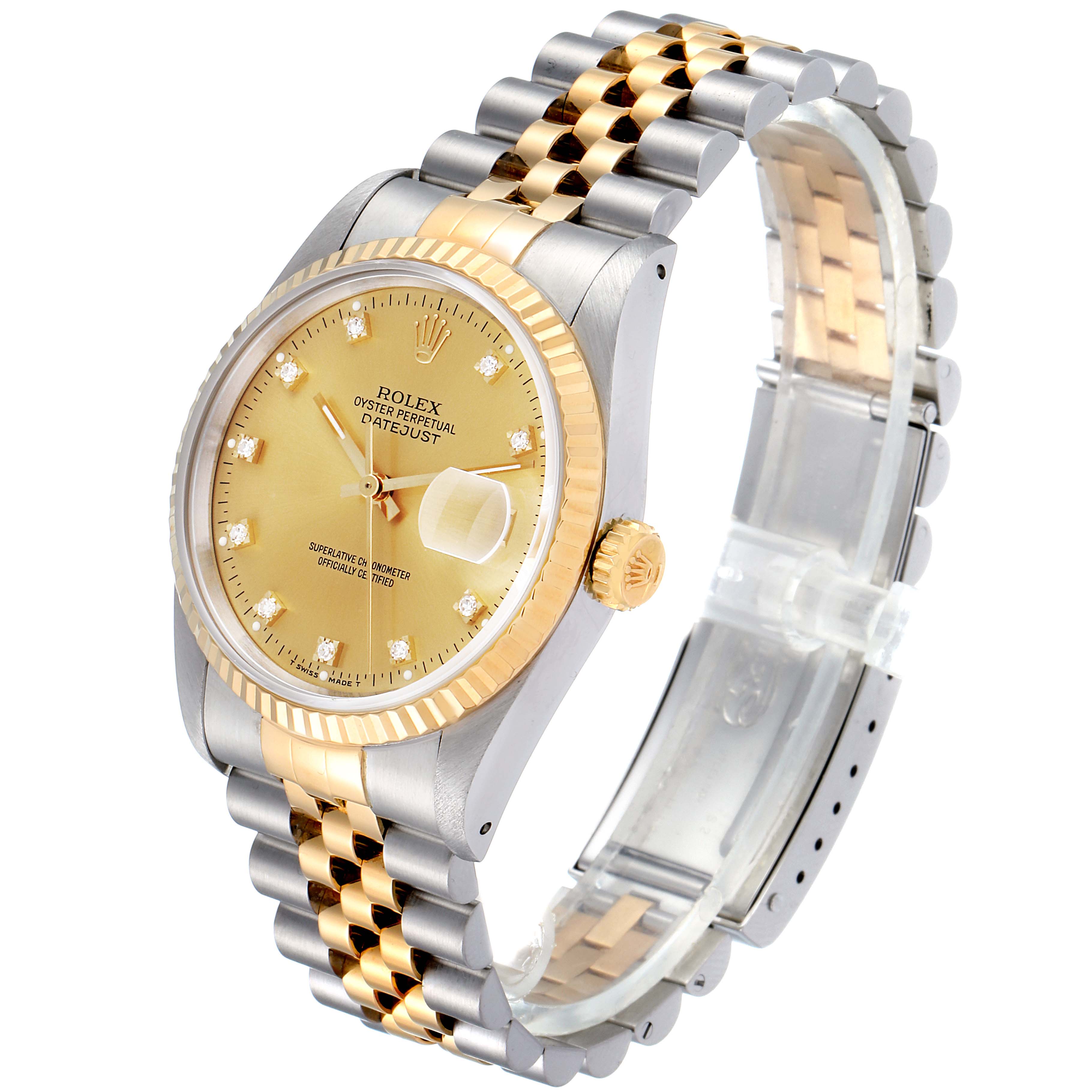 This Rolex Datejust 16233 Men's Steel and Gold (two tone) Champagne Dial 16233 Men's Steel and Gold (two tone) Champagne Dial watch is shown at a three-quarter angle, displaying the face, bezel, crown, and bracelet.