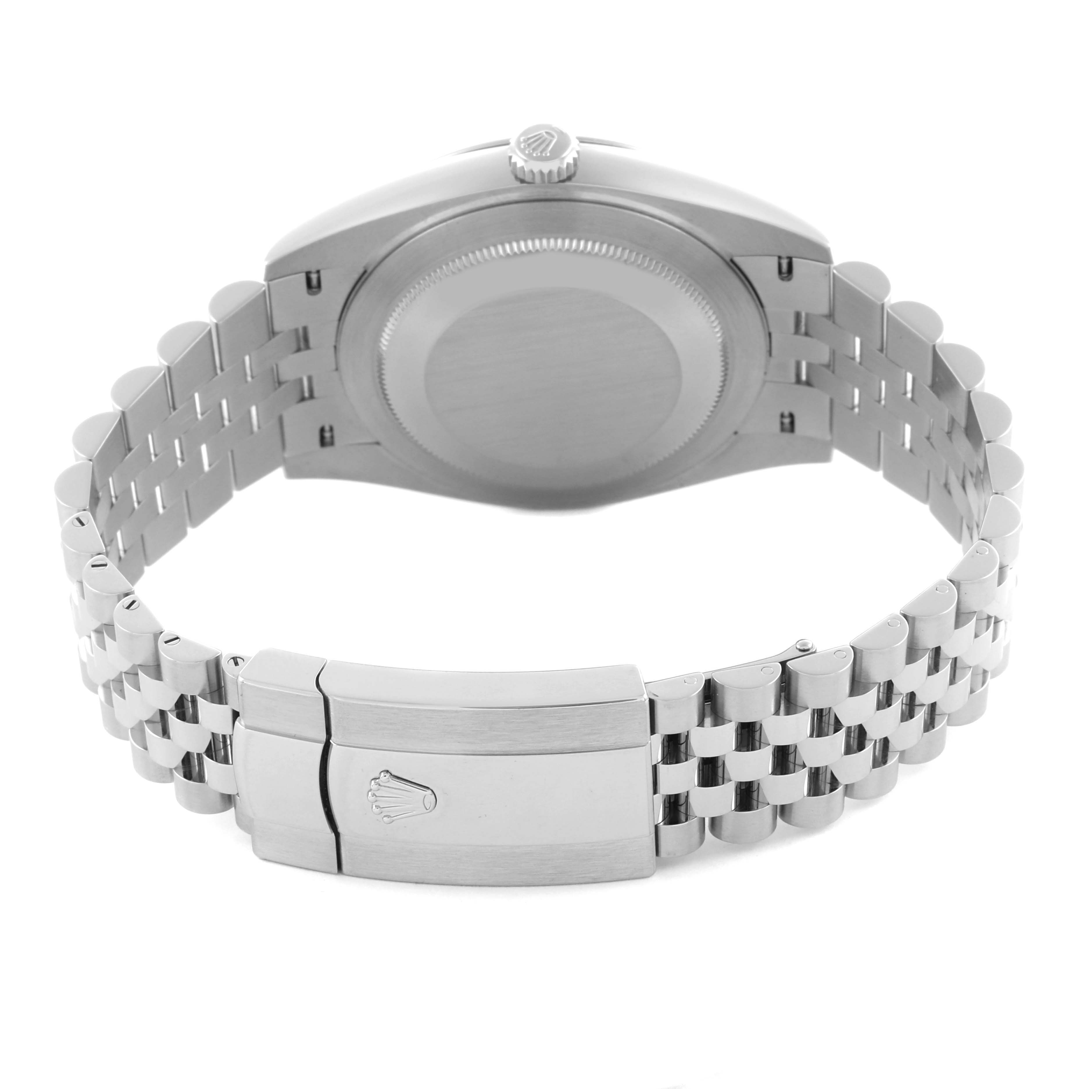 The Rolex Datejust 41 126300 Men's Stainless Steel Blue Dial 126300 Men's Stainless Steel Blue Dial is shown from the back, highlighting the case back and Jubilee bracelet with the clasp.