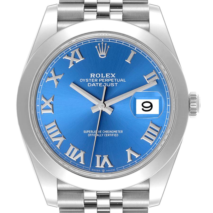 The Rolex Datejust 41 is shown from the front, highlighting its blue dial, Roman numerals, and date with cyclops lens.