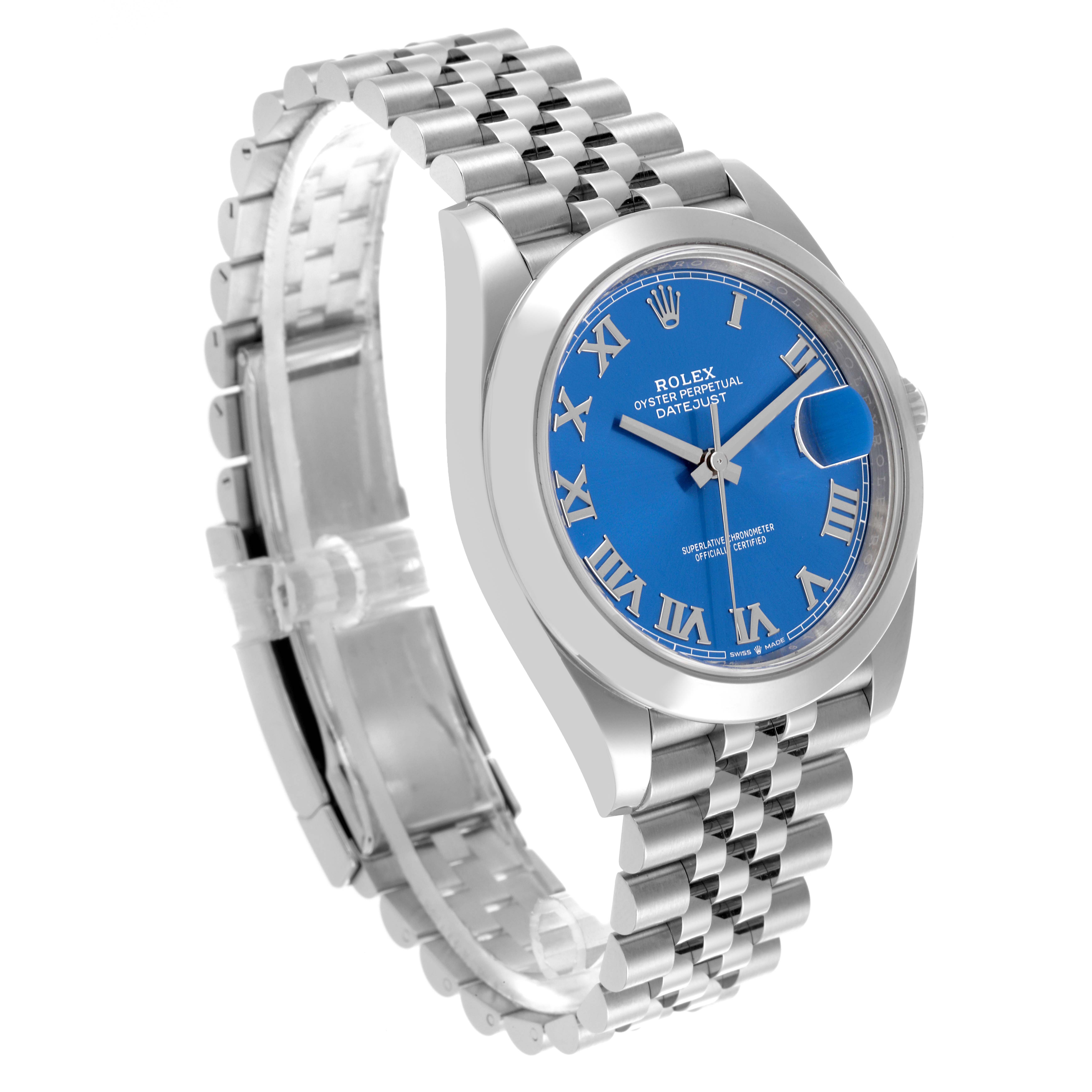 The Rolex Datejust 41 126300 Men's Stainless Steel Blue Dial 126300 Men's Stainless Steel Blue Dial is shown at an angled side view, highlighting the blue dial and Jubilee bracelet.