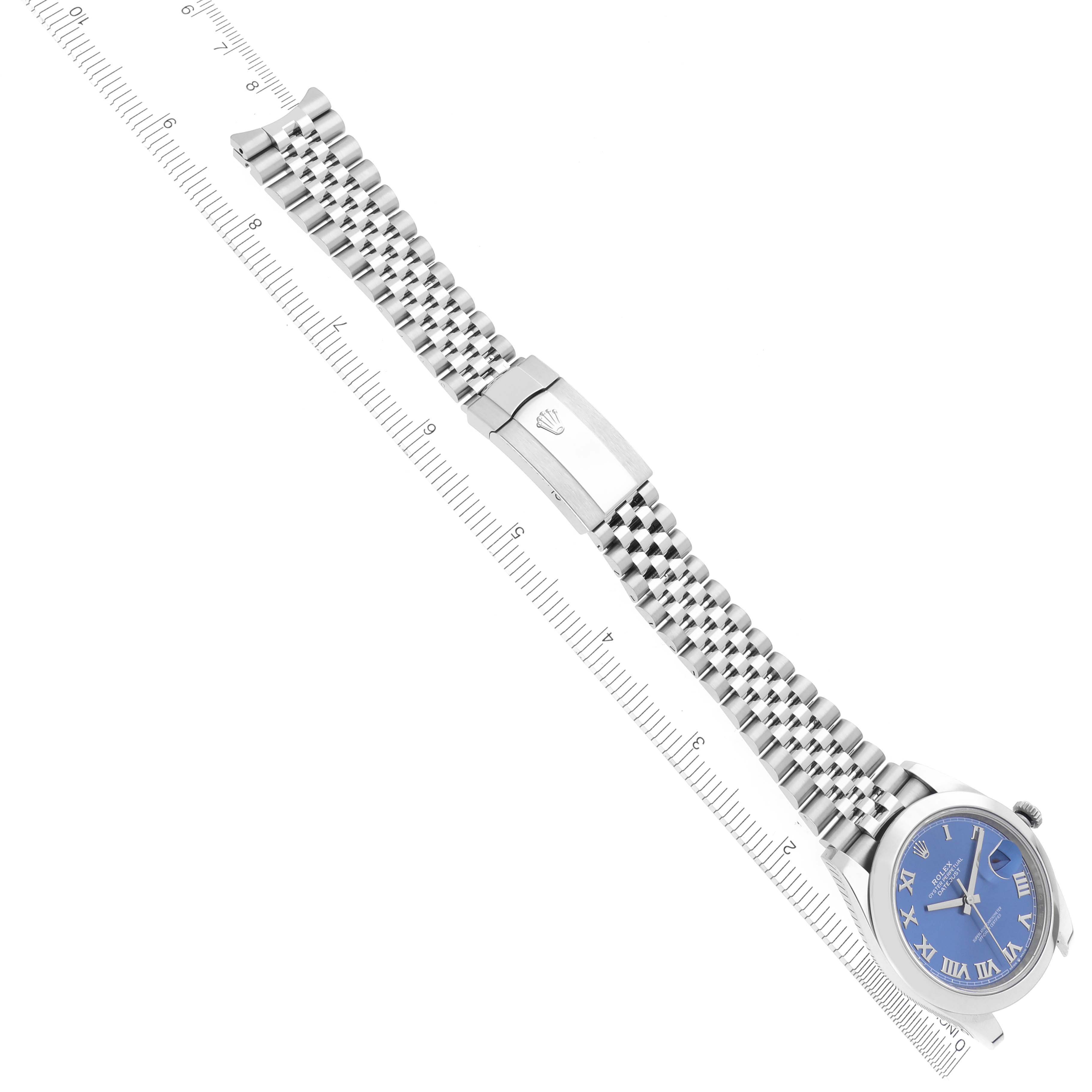 The Rolex Datejust 41 126300 Men's Stainless Steel Blue Dial 126300 Men's Stainless Steel Blue Dial watch is shown diagonally with a clear view of the bracelet, clasp, and blue dial.