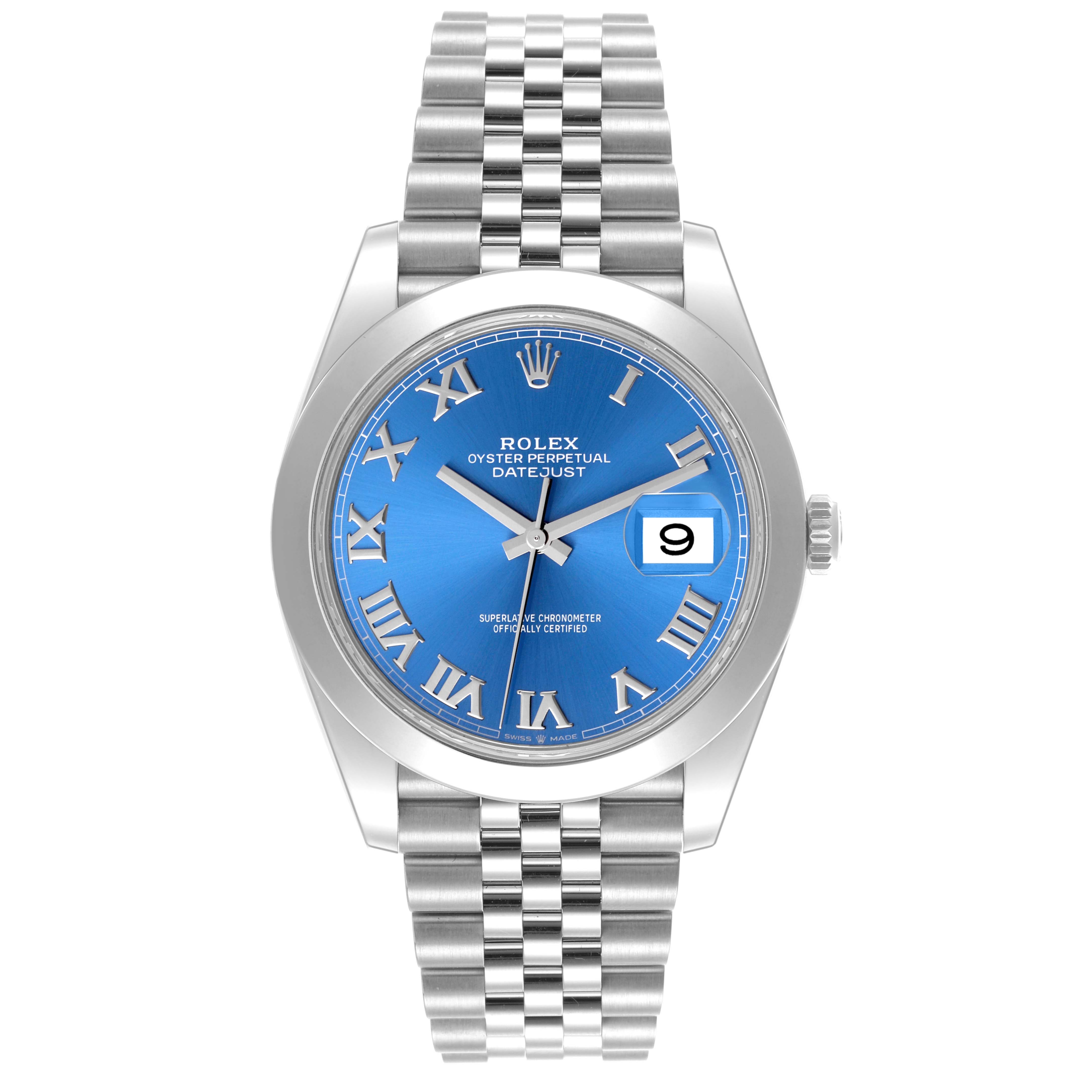 The Rolex Datejust 41 126300 Men's Stainless Steel Blue Dial 126300 Men's Stainless Steel Blue Dial is shown from a front angle, displaying the face, dial, and bracelet.