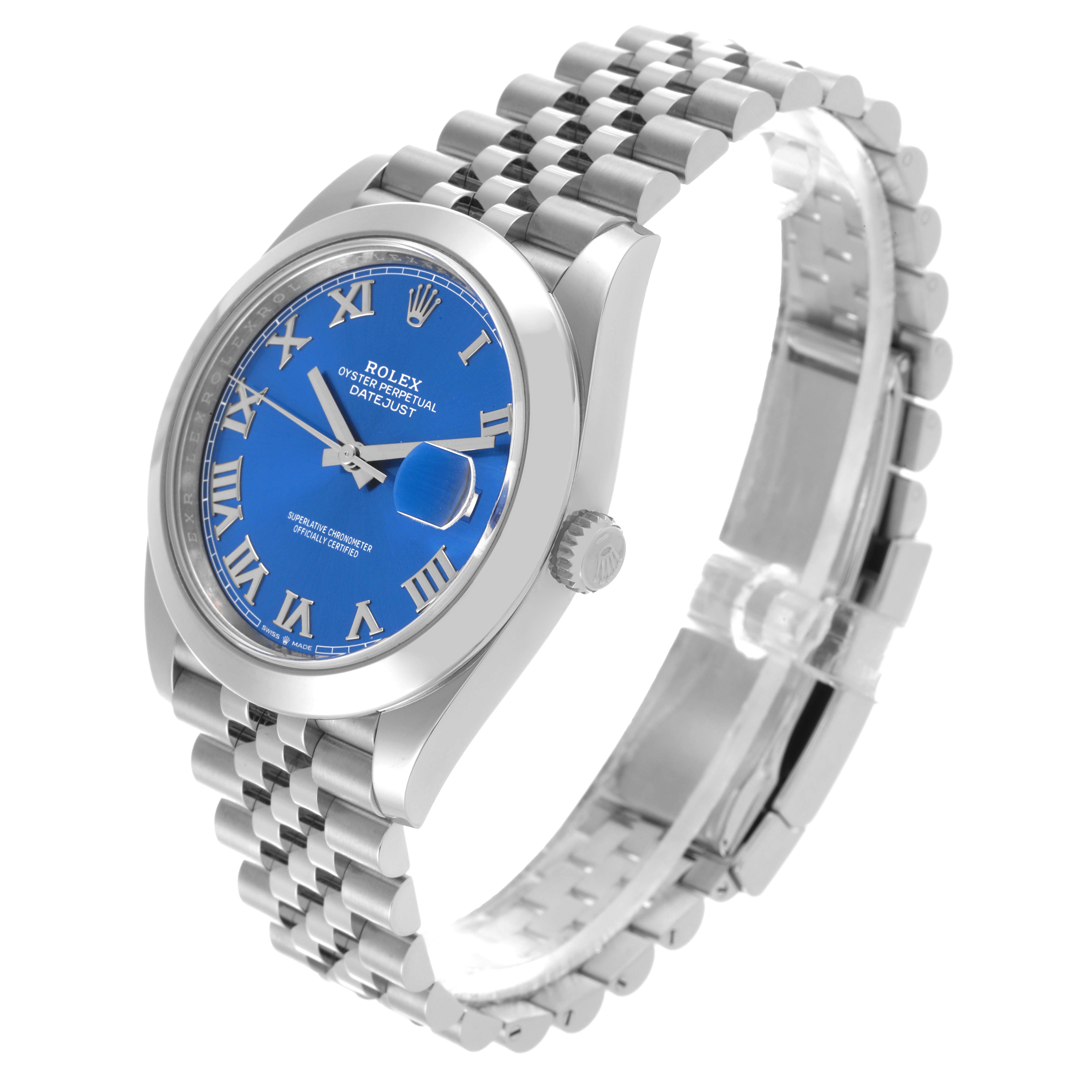 The Rolex Datejust 41 126300 Men's Stainless Steel Blue Dial 126300 Men's Stainless Steel Blue Dial is shown at a slight angle, displaying the blue dial, bezel, and jubilee bracelet.