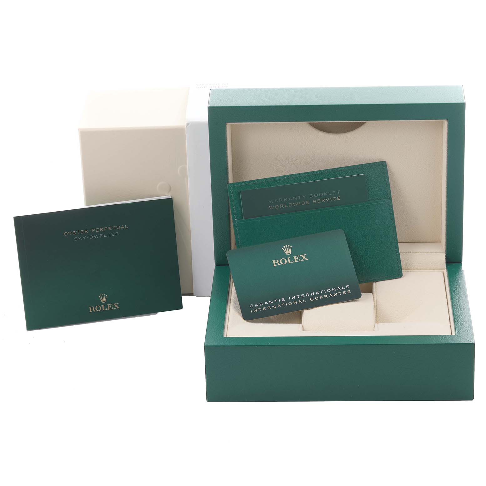 The image shows a Rolex Datejust 41 126300 Men's Stainless Steel Blue Dial 126300 Men's Stainless Steel Blue Dial watch box with warranty booklet and international guarantee card.