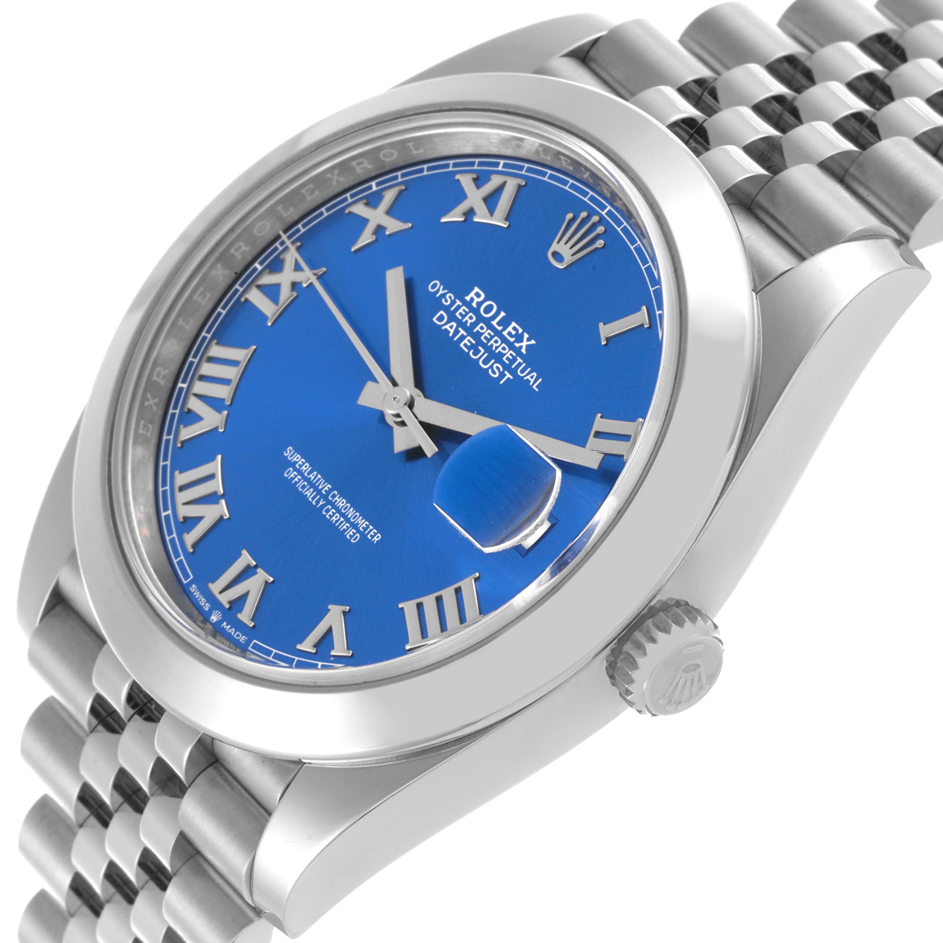 The Rolex Datejust 41 126300 Men's Stainless Steel Blue Dial 126300 Men's Stainless Steel Blue Dial is shown at a slight angle, displaying the blue dial, bezel, crown, and part of the bracelet.