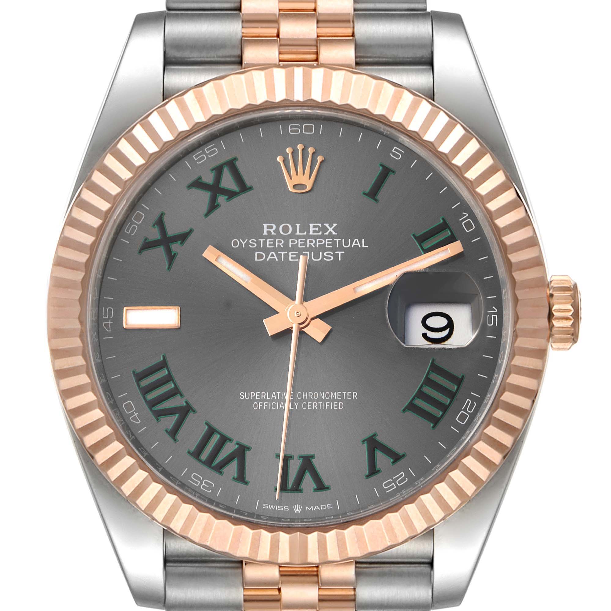 This image shows a close-up, front-facing angle of the Rolex Datejust 41 126331 Men's Rose Gold Grey Dial 126331 Men's Rose Gold Grey Dial watch, highlighting the dial, bezel, and part of the bracelet.