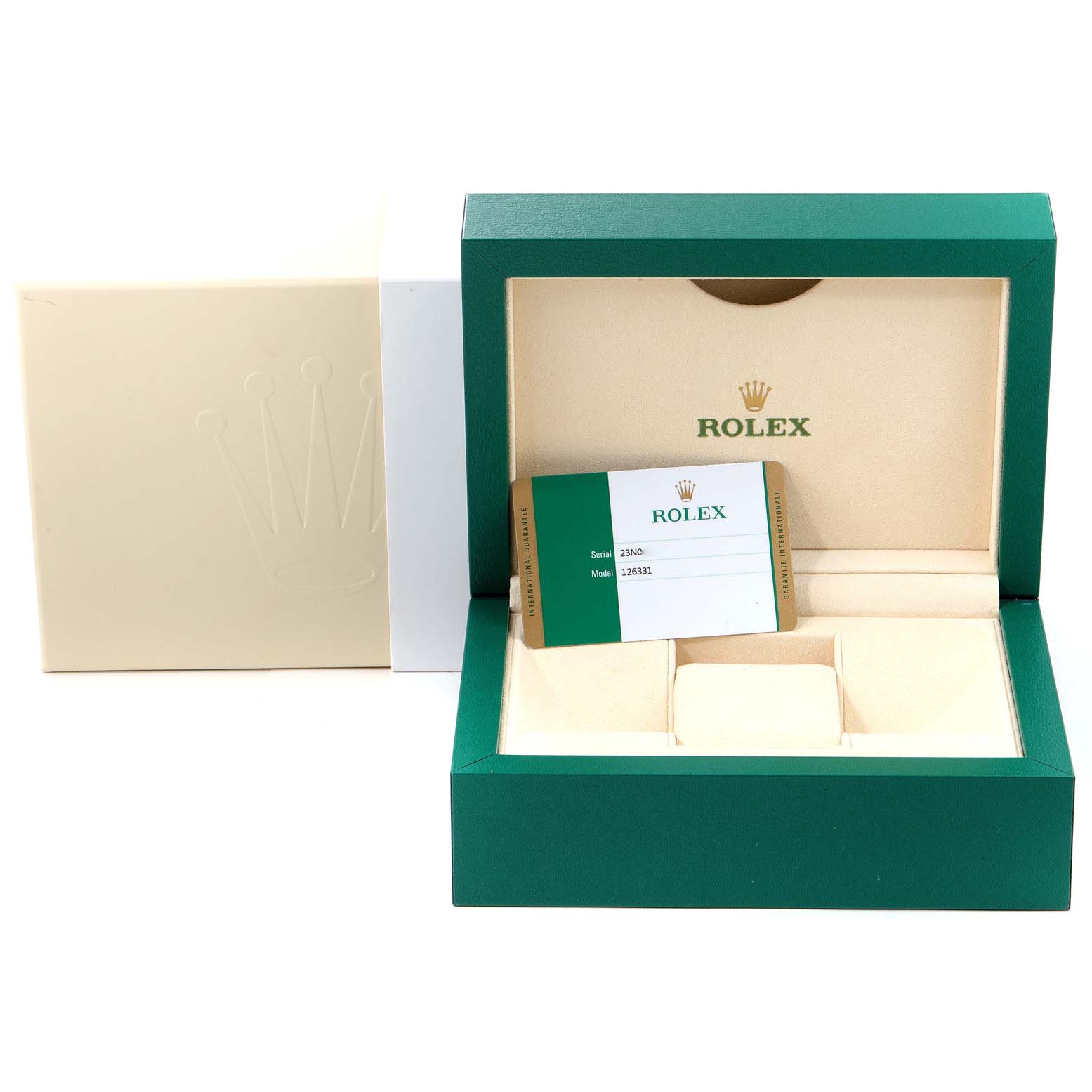 The image shows the open box and card of a Rolex Datejust 41 126331 Men's Rose Gold Grey Dial 126331 Men's Rose Gold Grey Dial watch.