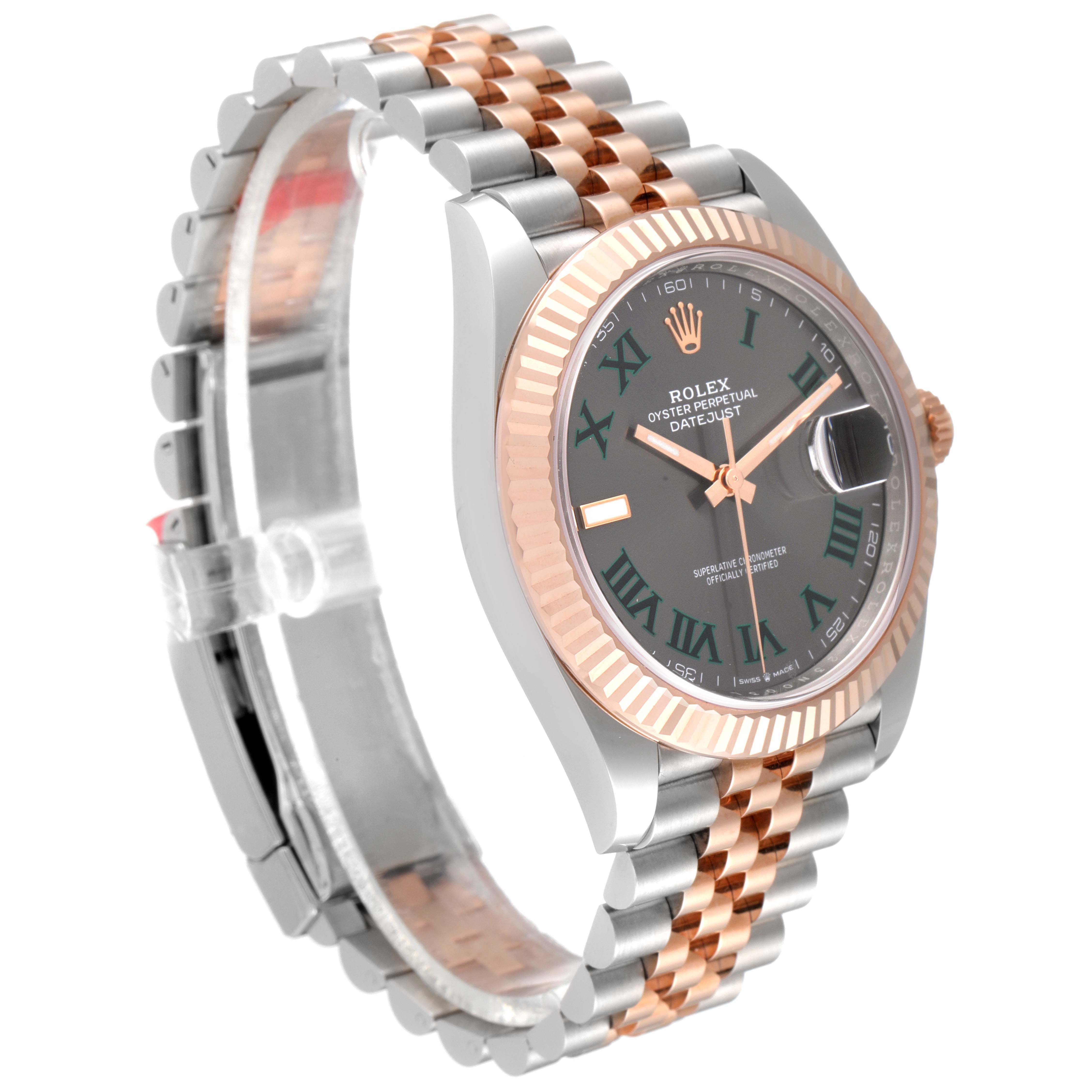 This image shows a Rolex Datejust 41 126331 Men's Rose Gold Grey Dial 126331 Men's Rose Gold Grey Dial model watch at a three-quarter angle highlighting the dial, bezel, and bracelet.
