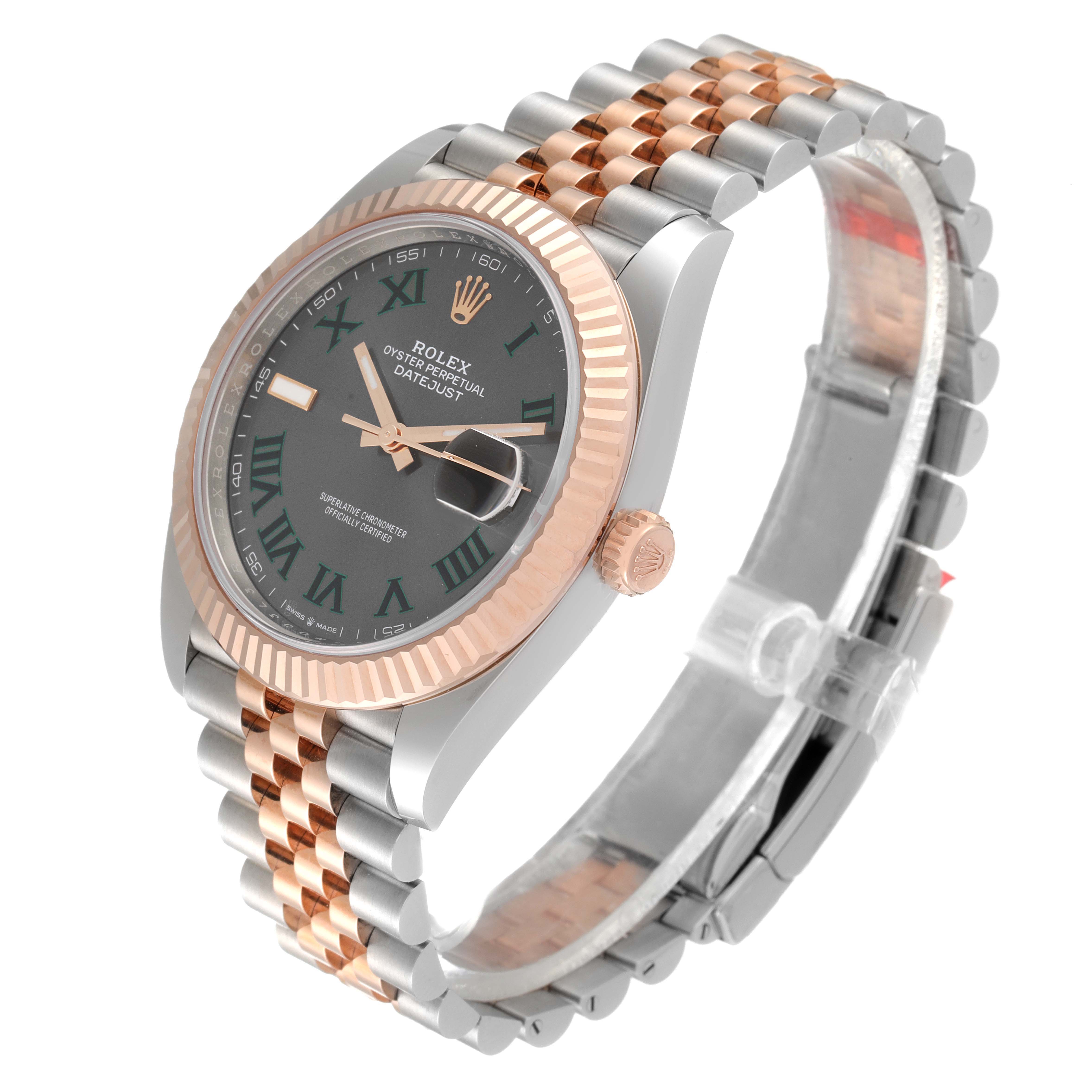 The image shows a Rolex Datejust 41 126331 Men's Rose Gold Grey Dial 126331 Men's Rose Gold Grey Dial watch from an angled side view, highlighting its face, bezel, and Oyster bracelet.