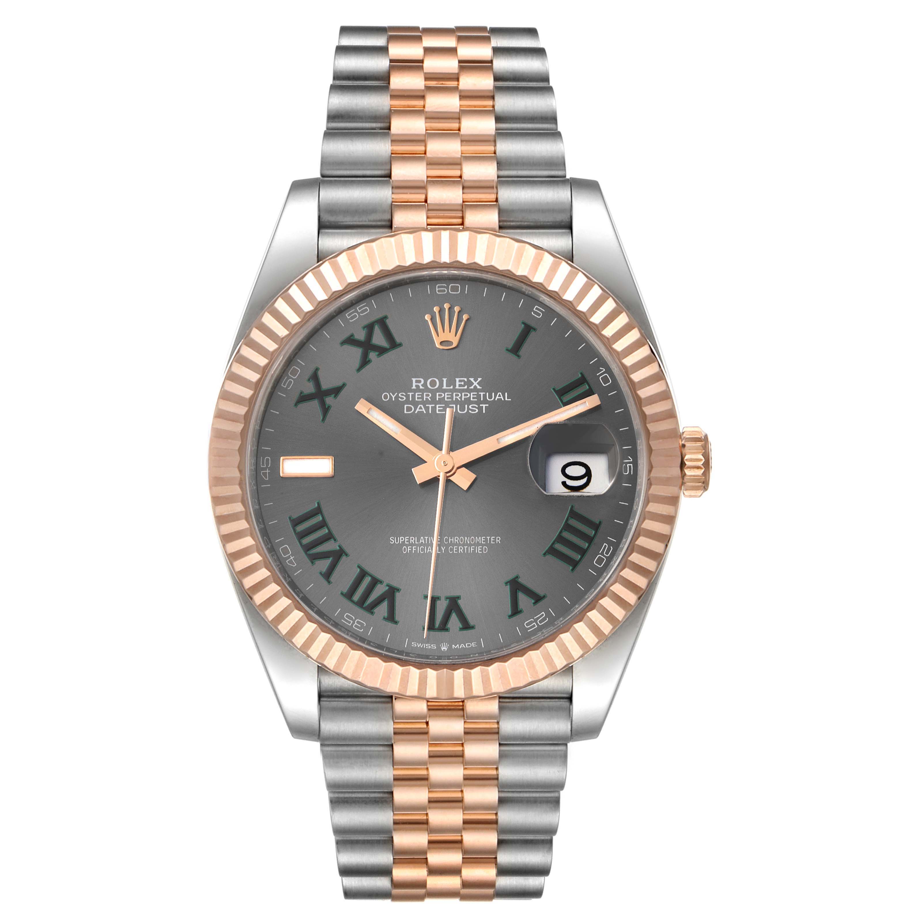 The image shows a Rolex Datejust 41 126331 Men's Rose Gold Grey Dial 126331 Men's Rose Gold Grey Dial watch from a front angle, highlighting the watch face, two-tone bracelet, and fluted bezel.