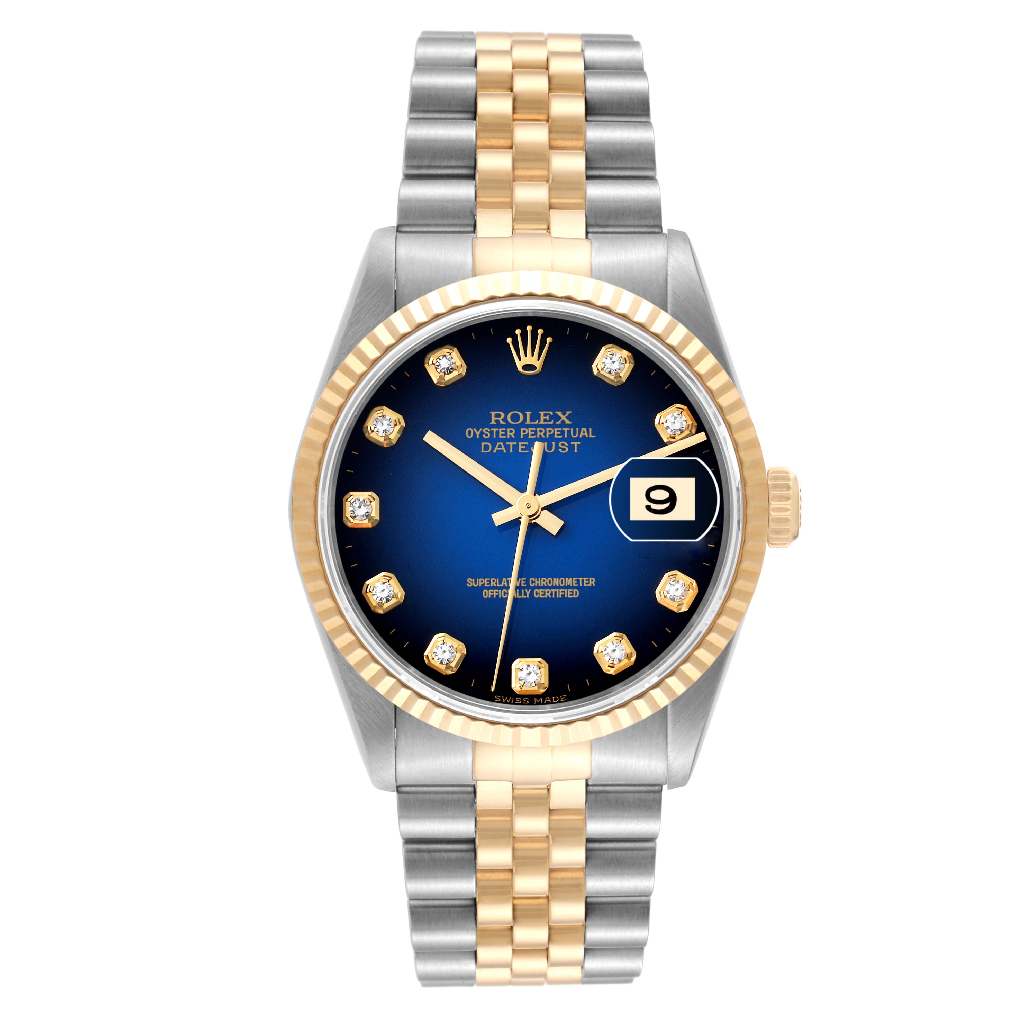 The image shows a front view of a Rolex Datejust 16233G Men's Steel and Gold (two tone) Blue Dial 16233G Men's Steel and Gold (two tone) Blue Dial watch, highlighting its face, bezel, and two-tone bracelet.